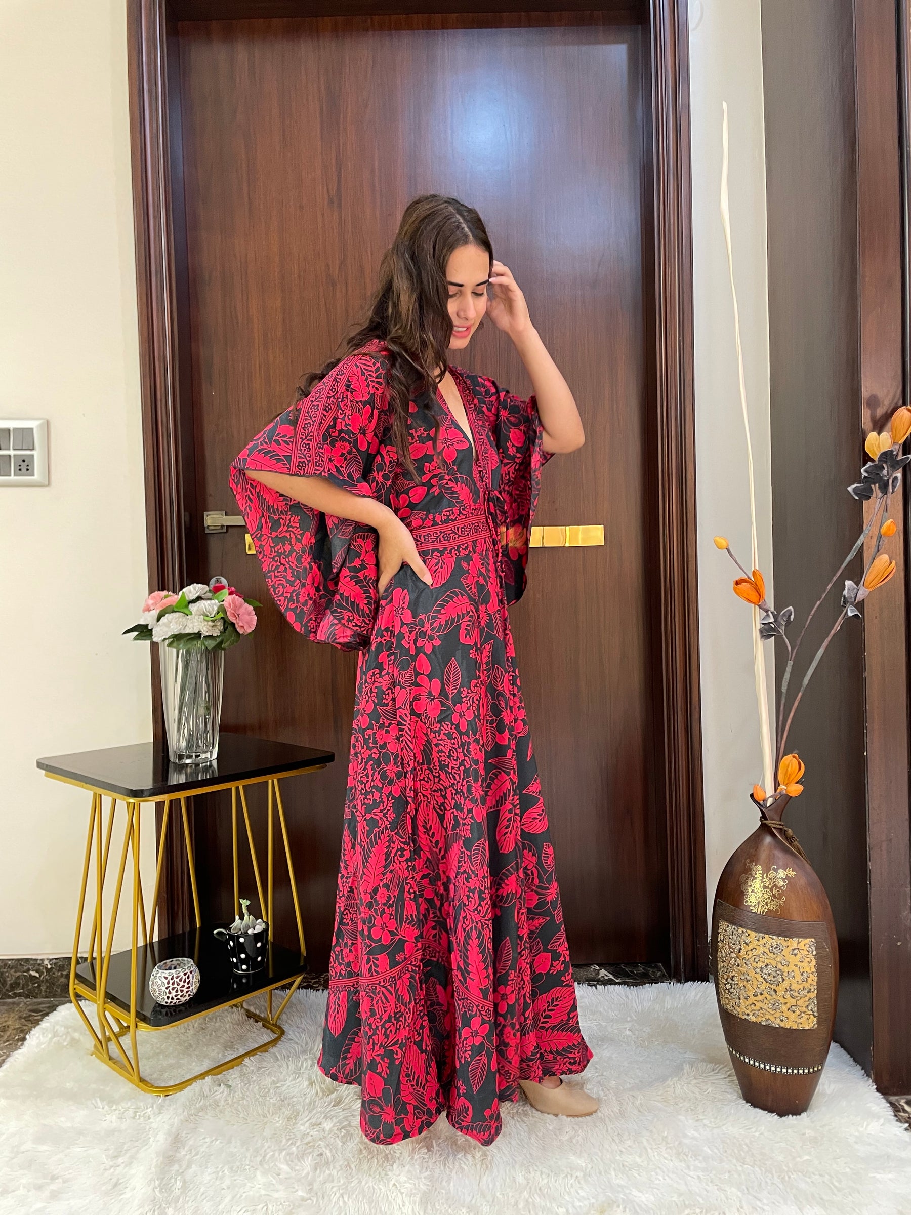 Bell Sleeves Criss Cross Front Boho Printed Maxi Dress - Red