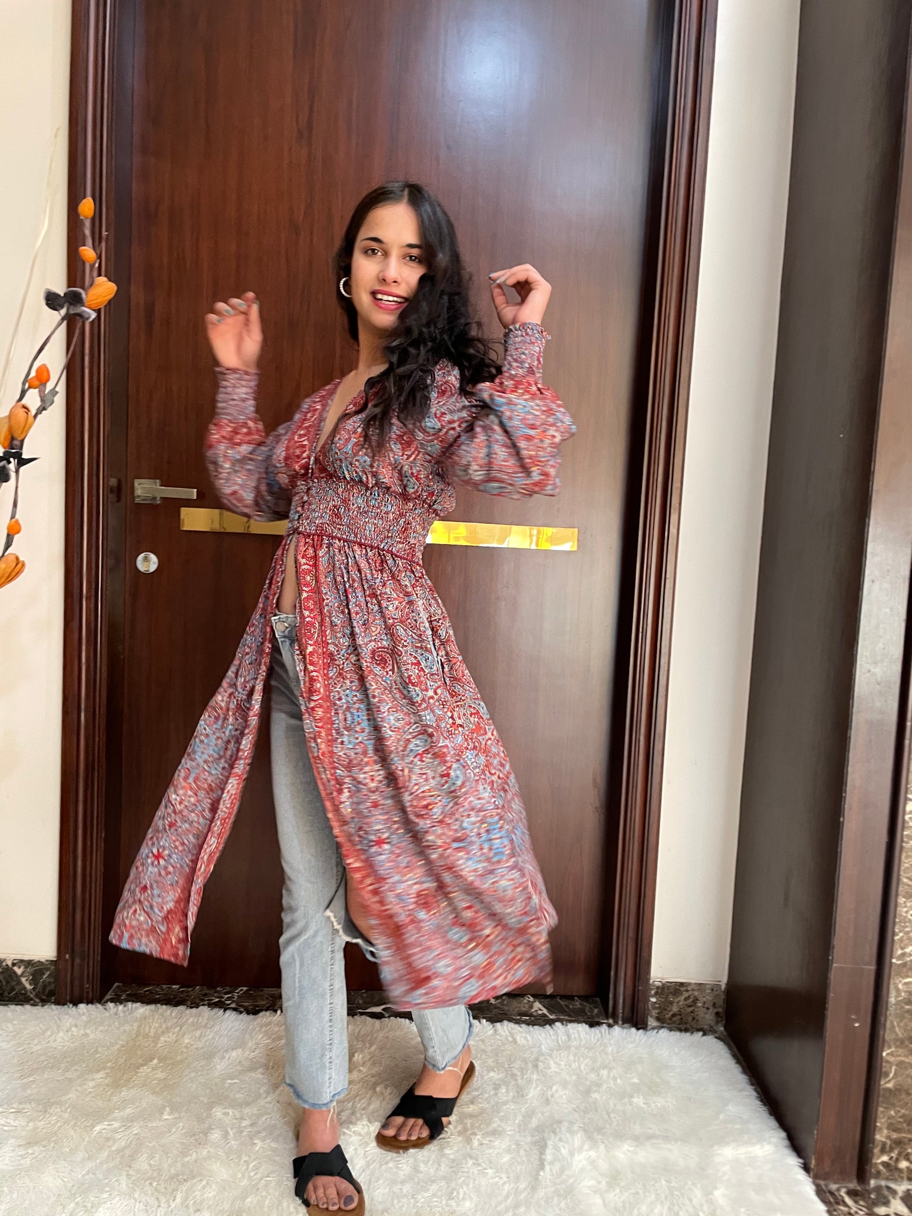 Middle Slit Boho Printed Long Top