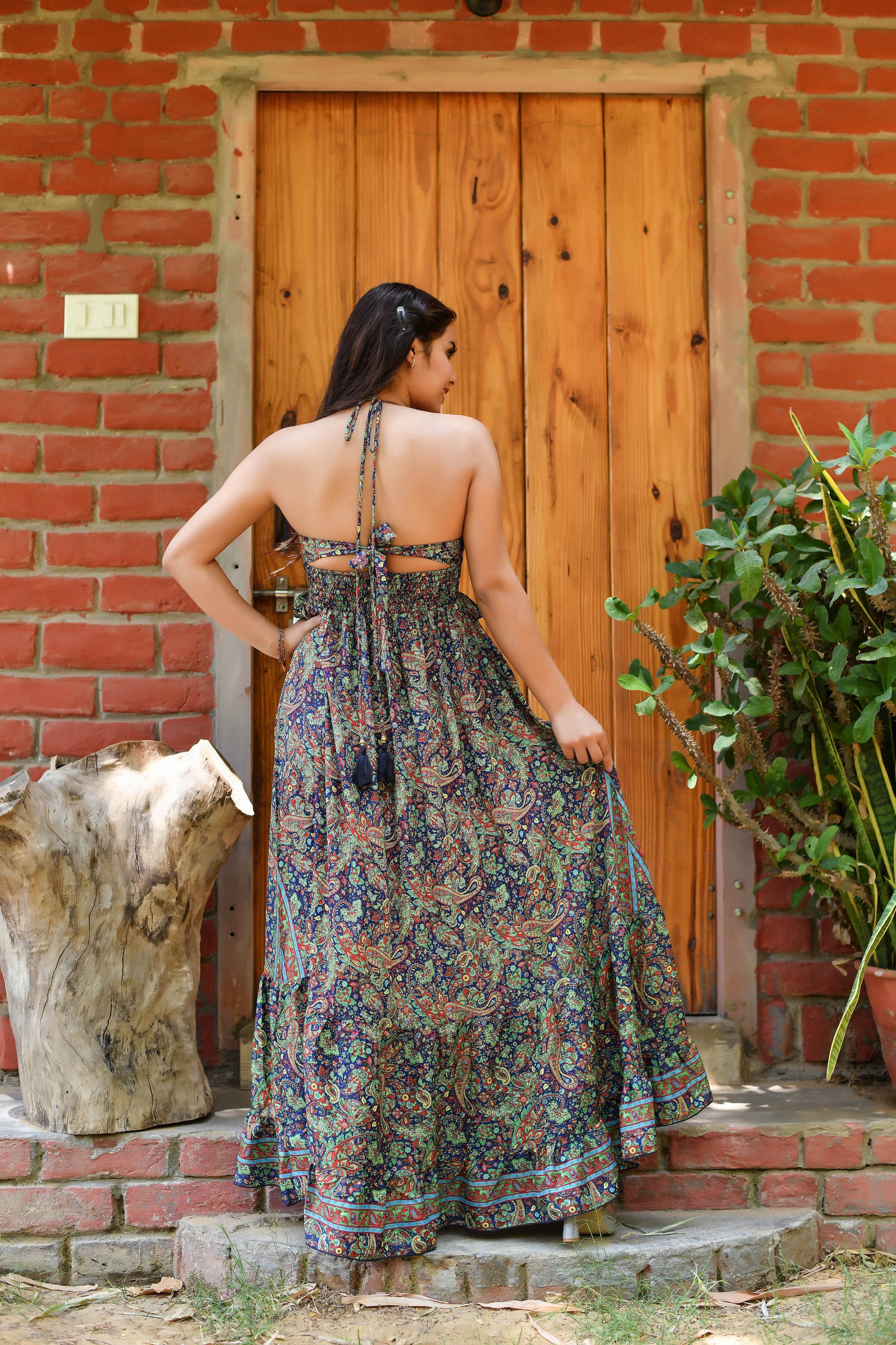 Halter Neck Boho Printed Backless Maxi Dress