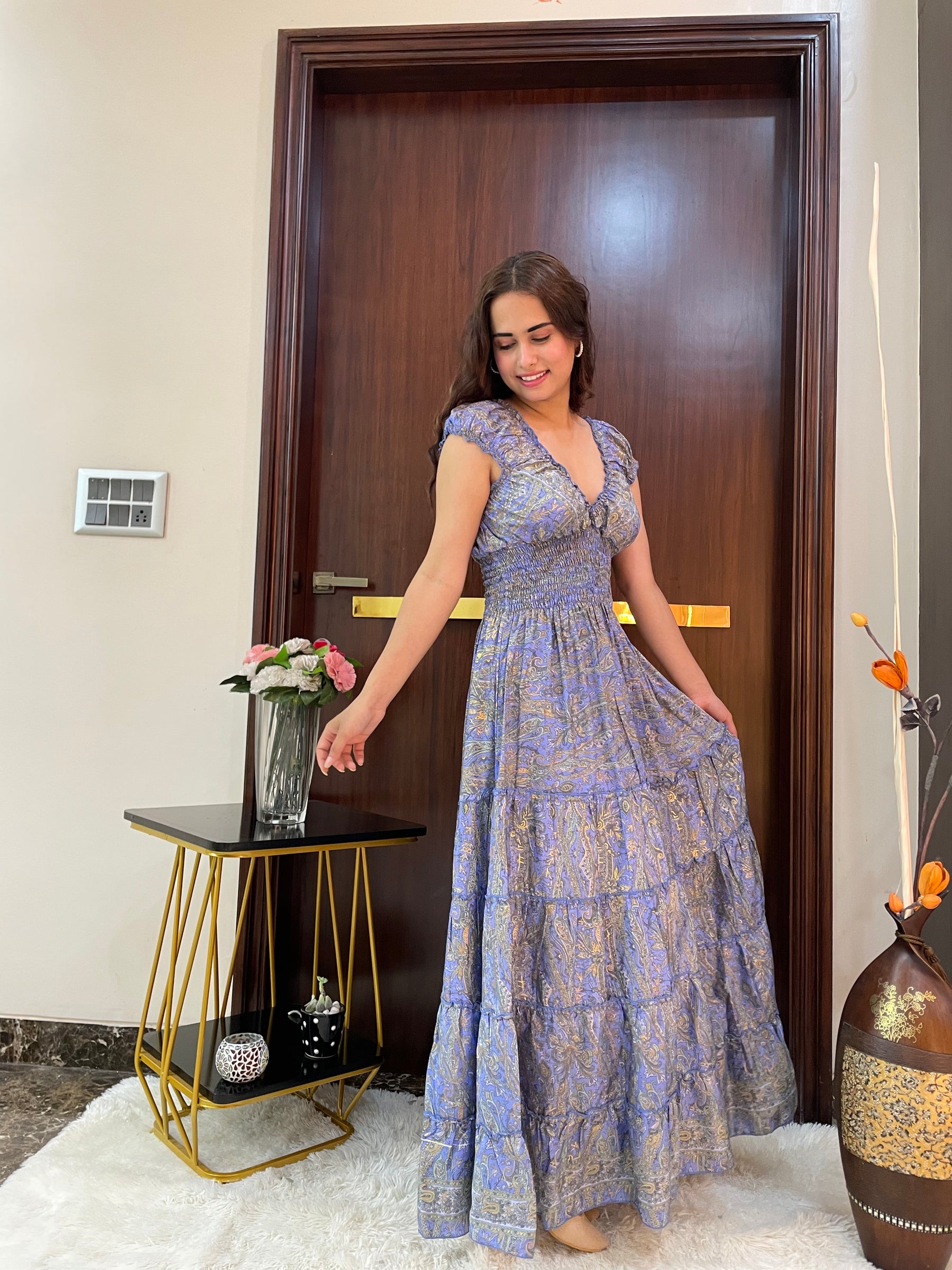 Classic Charm Boho Printed Maxi Dress - Blueberry Latte