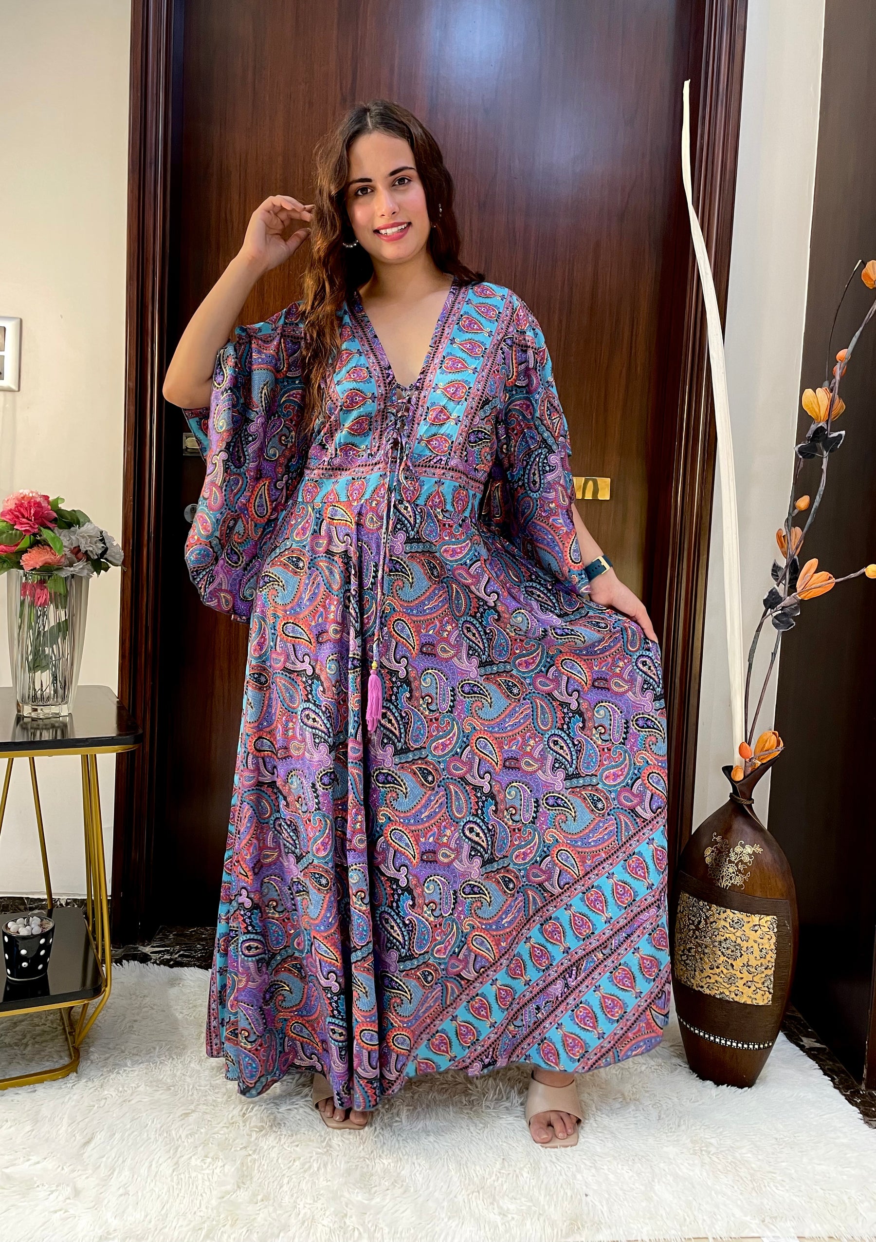 Bell Sleeves Criss Cross Front Boho Printed Maxi Dress -Violet Twilight Whimsy