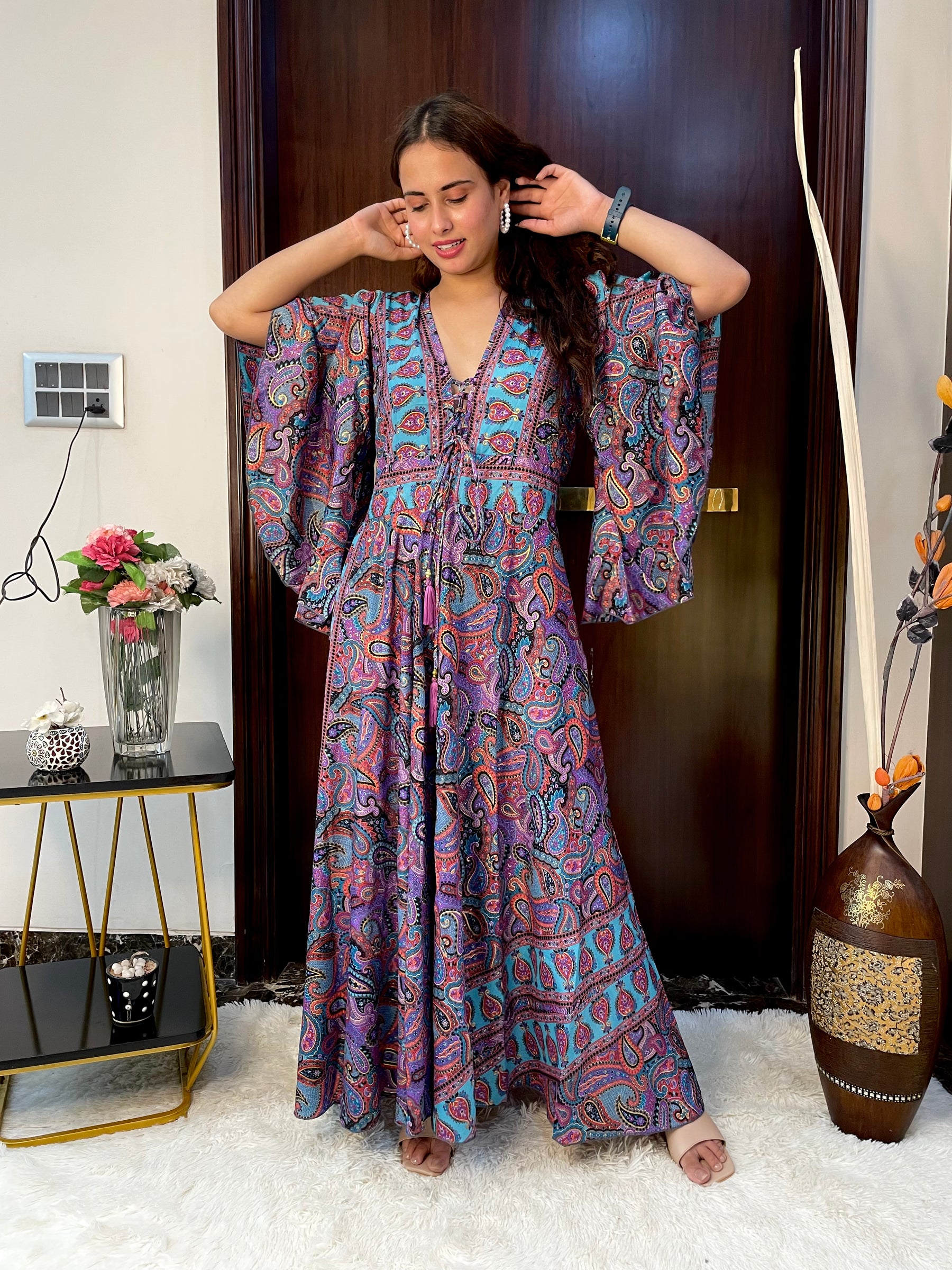 Bell Sleeves Criss Cross Front Boho Printed Maxi Dress -Violet Twilight Whimsy