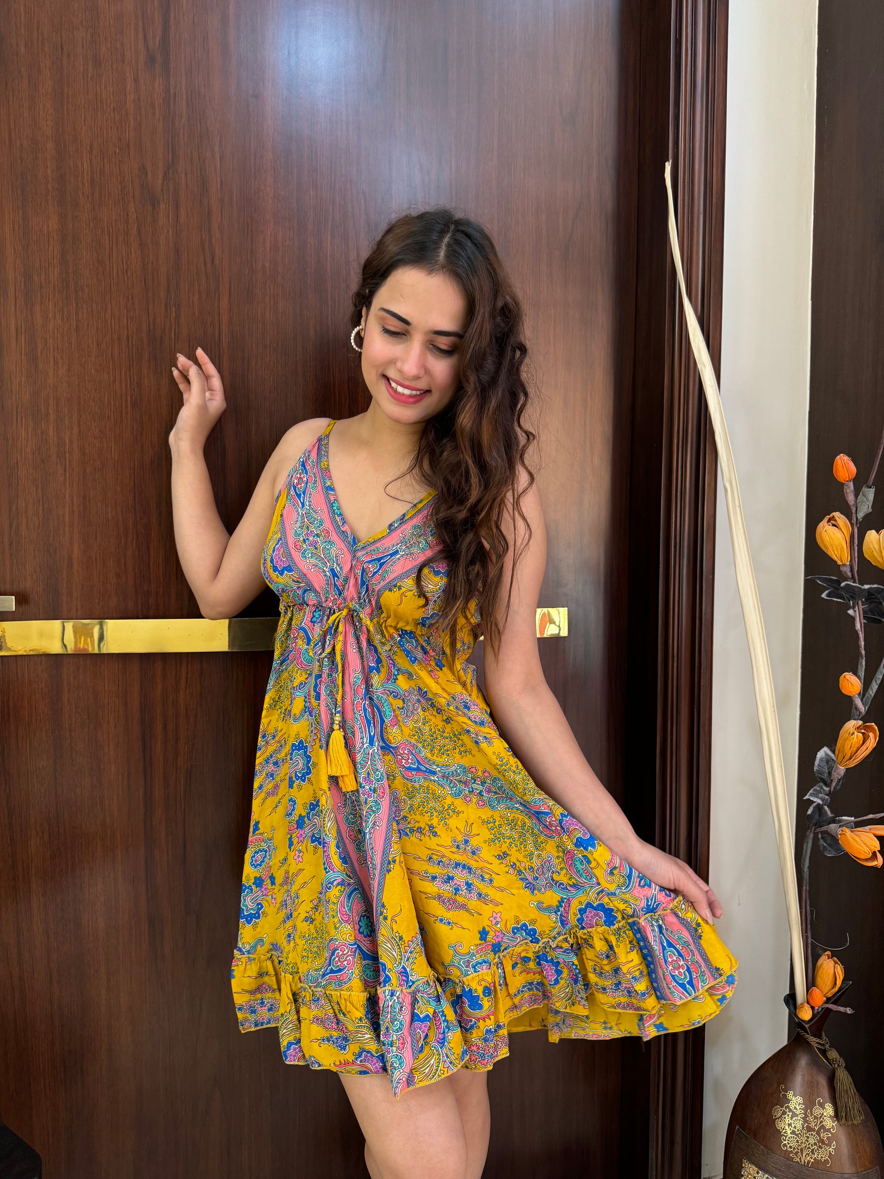 Frilled Flair Back Boho Printed Short Dress-Sunshine Yellow SmisingBee