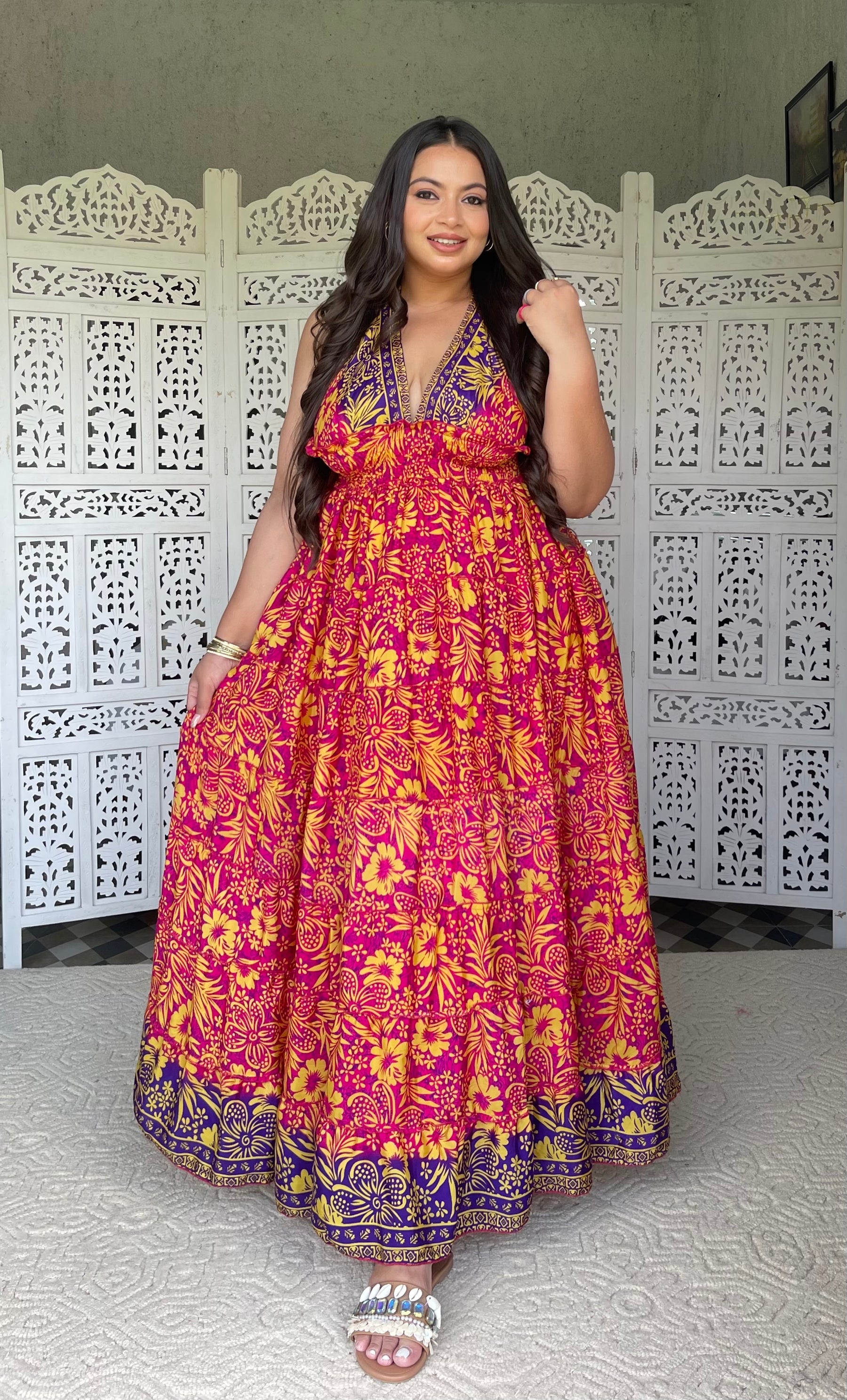 Halter Neck Multi Panel Boho printed Maxi Dress - Sunset Splendor