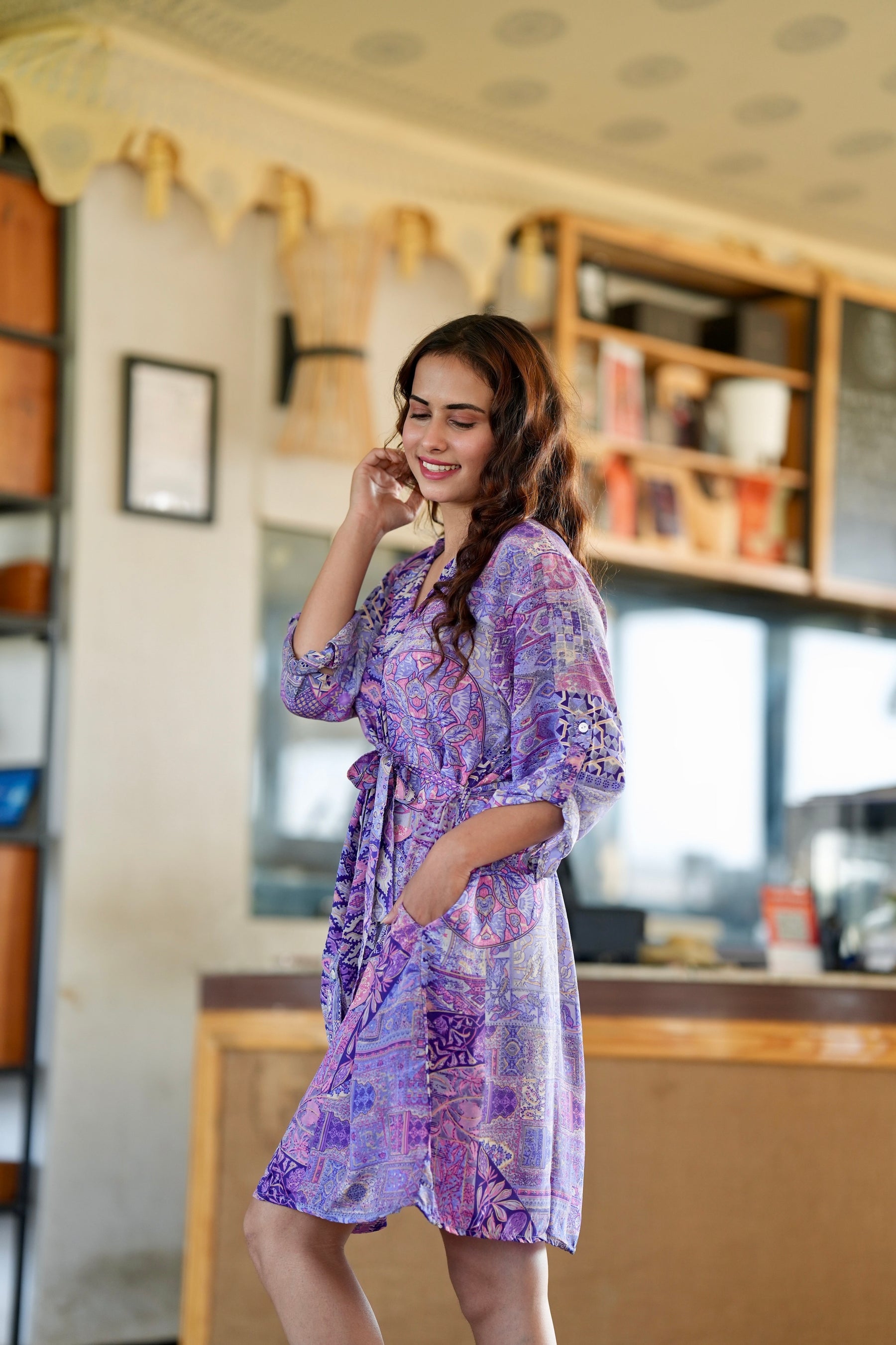 Boho Printed Shirt Dress - Mauve Mist