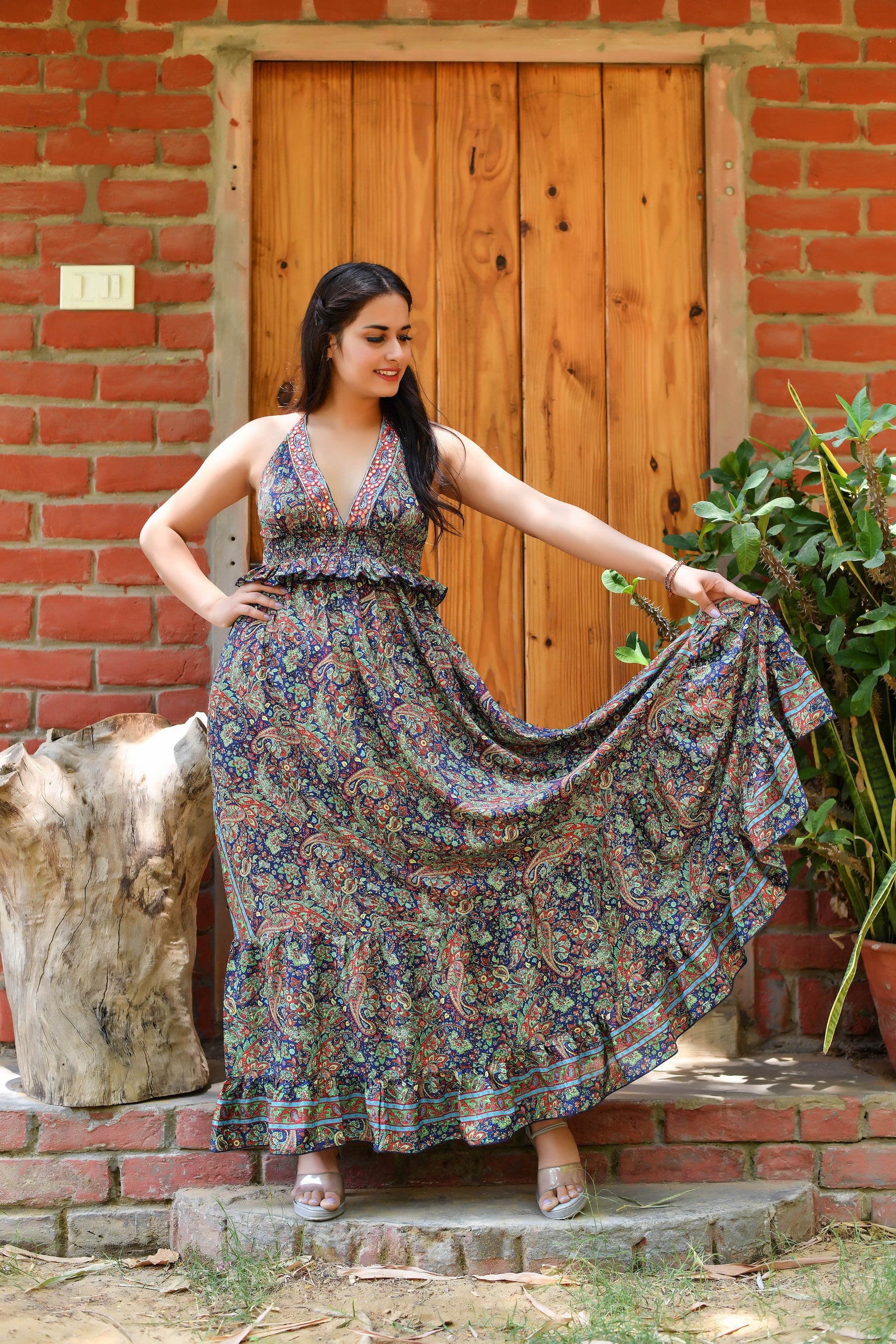 Halter Neck Boho Printed Backless Maxi Dress