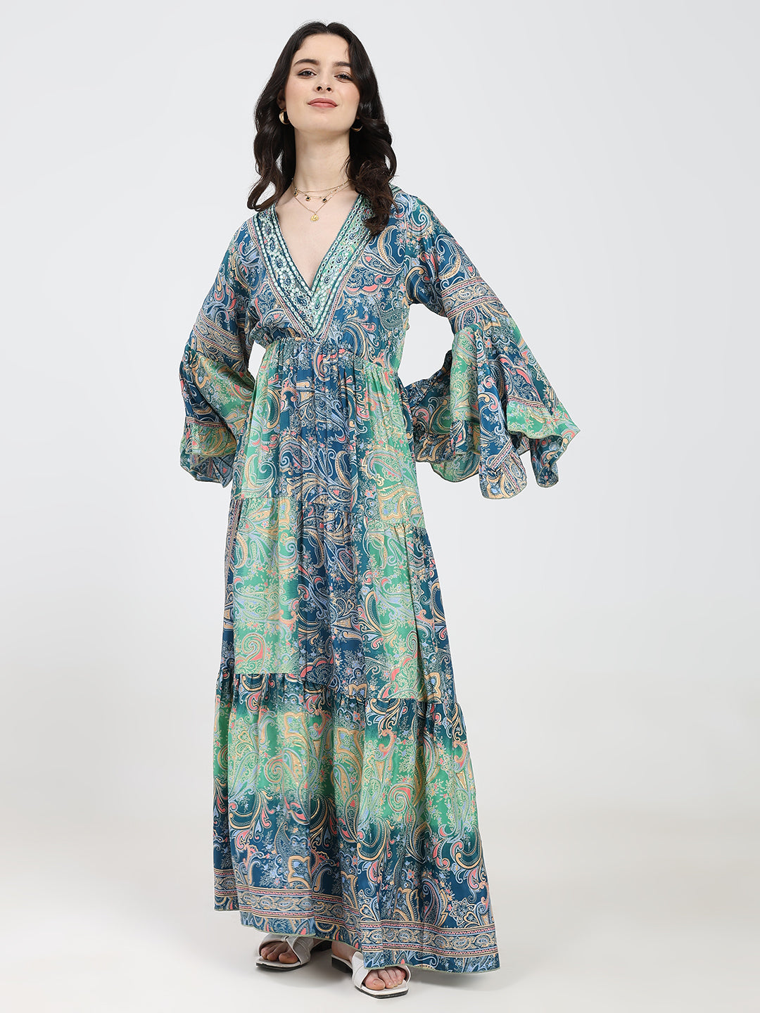 Ruffle Sleeves Boho Maxi Dress- Blue Green