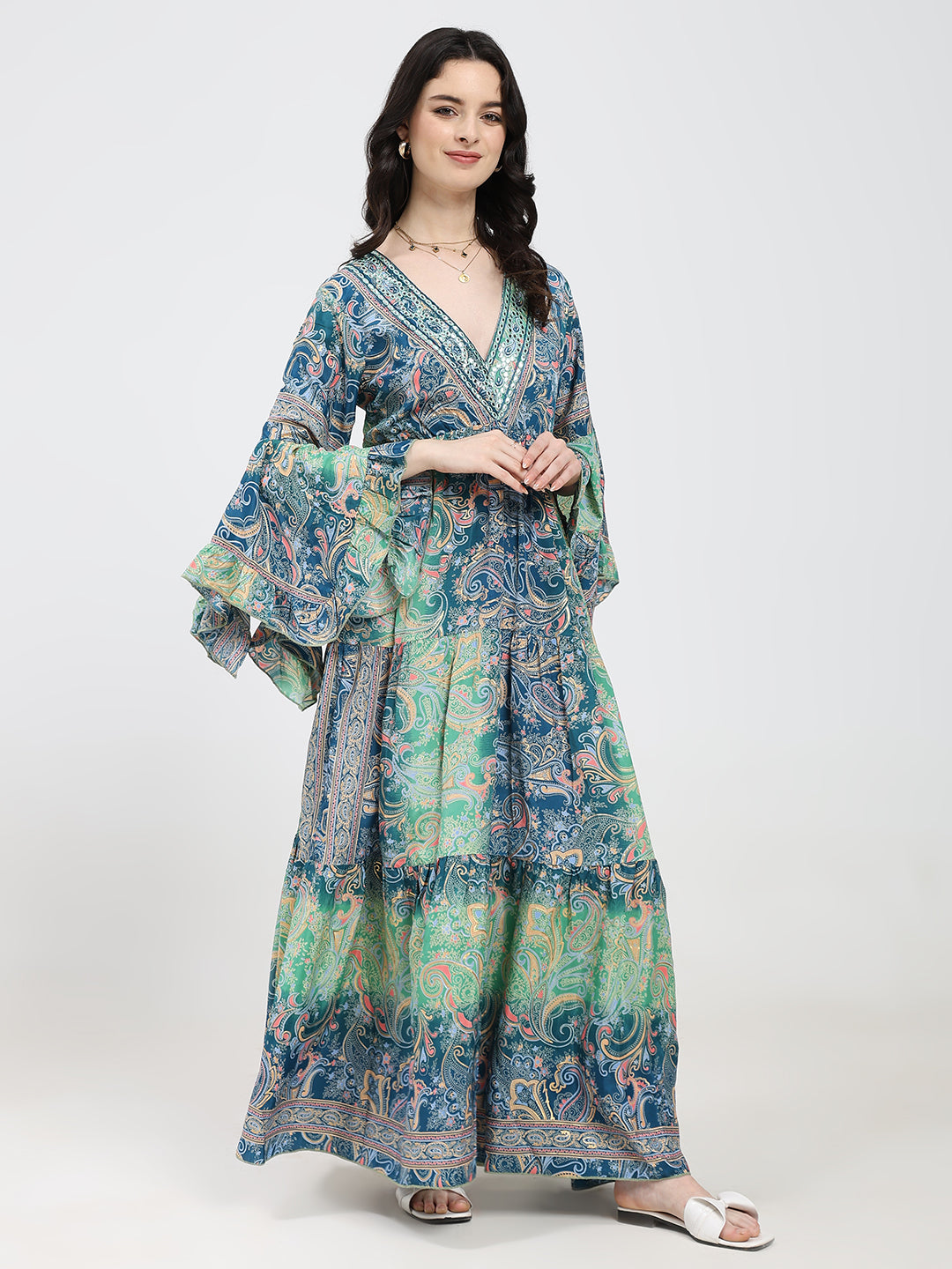 Ruffle Sleeves Boho Maxi Dress- Blue Green