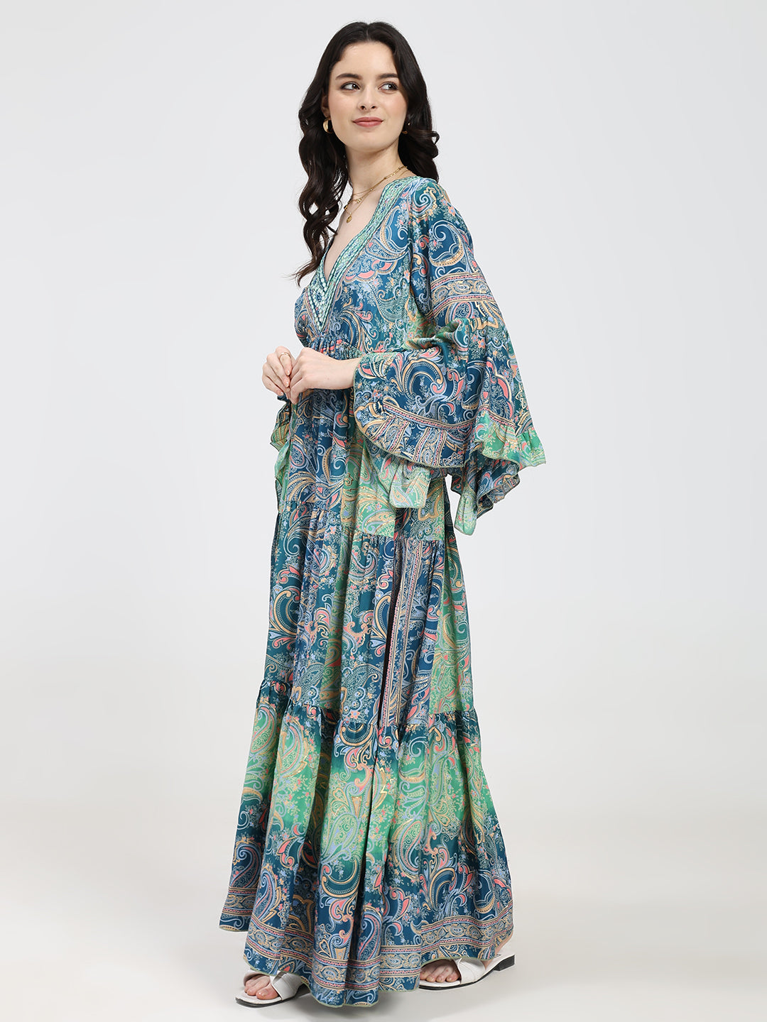 Ruffle Sleeves Boho Maxi Dress- Blue Green