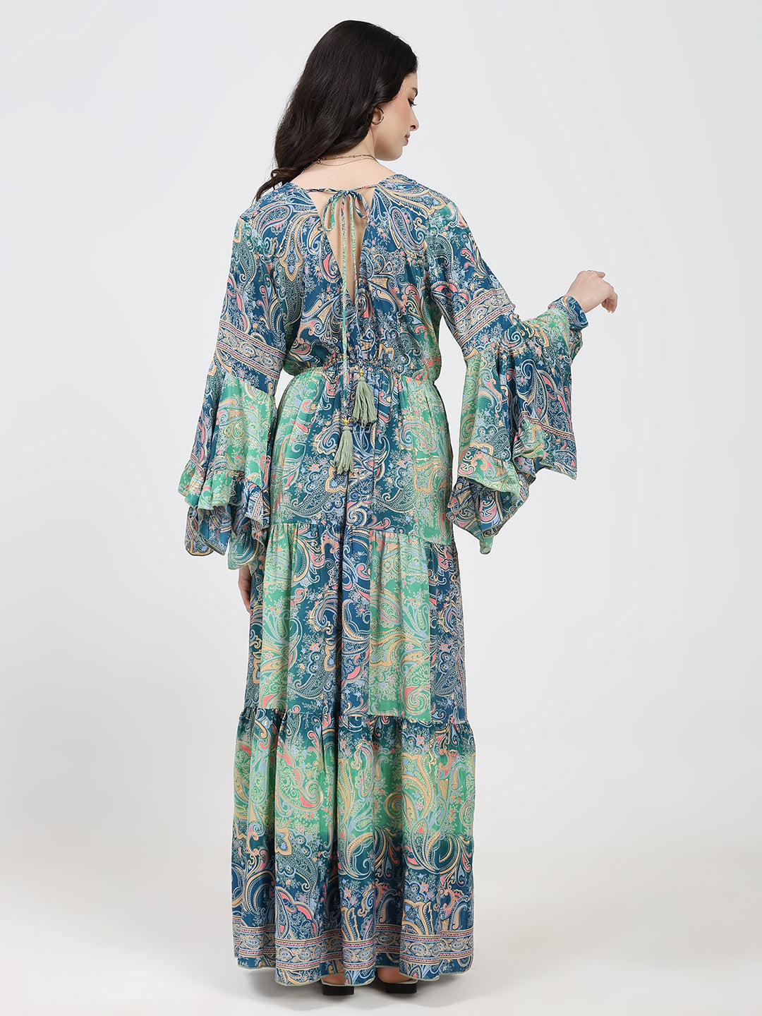 Ruffle Sleeves Boho Maxi Dress- Blue Green