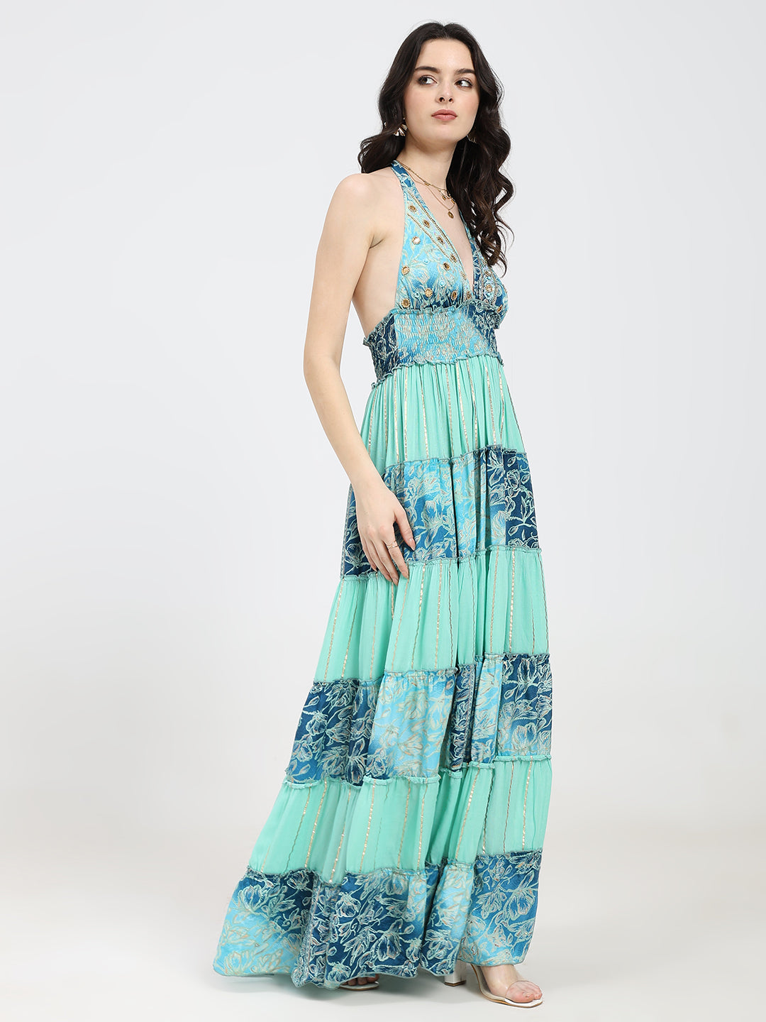 Halter Neck Multi Panel Embroidery Hand Work Boho printed Maxi Dress in Turquoise Trails