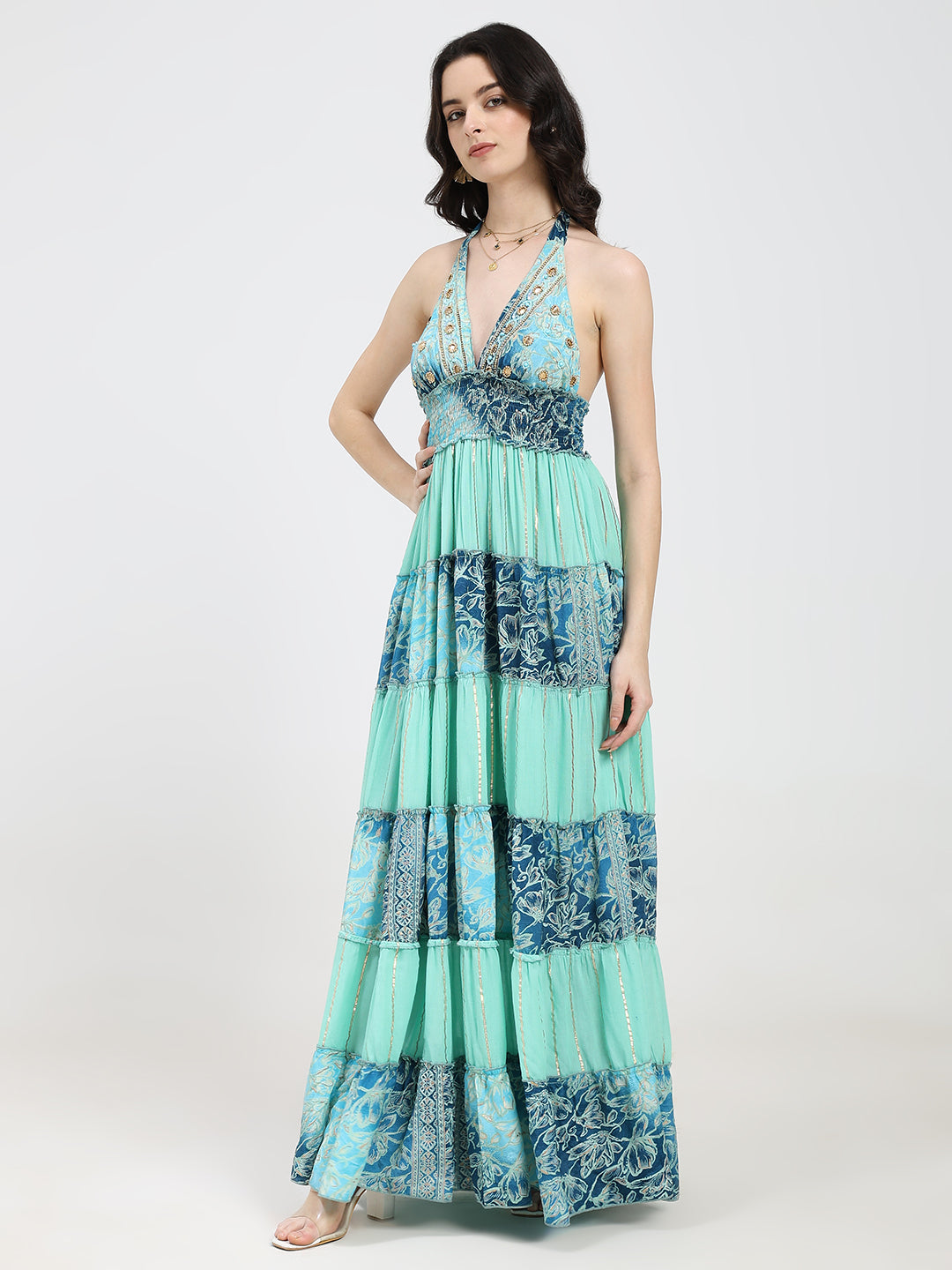 Halter Neck Multi Panel Embroidery Hand Work Boho printed Maxi Dress in Turquoise Trails