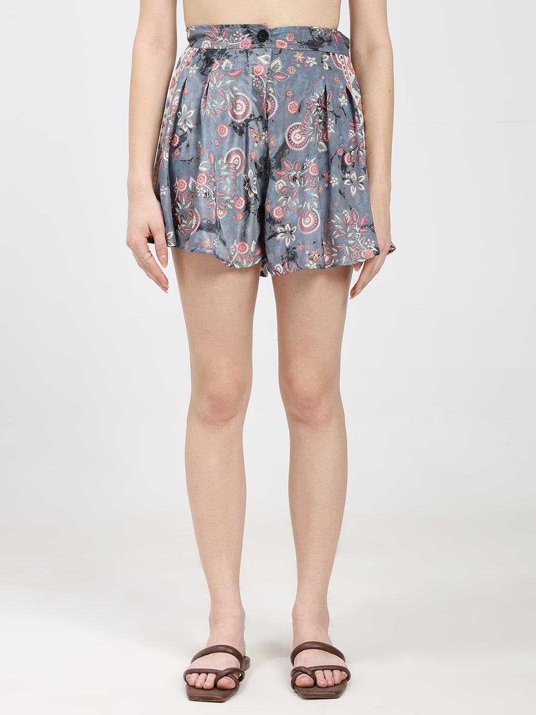 Puff Sleeves Kimono and Shorts Coordinate Set (3 Piece)- Grey Gardenia