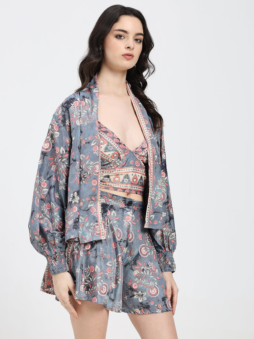 Puff Sleeves Kimono and Shorts Coordinate Set (3 Piece)- Grey Gardenia