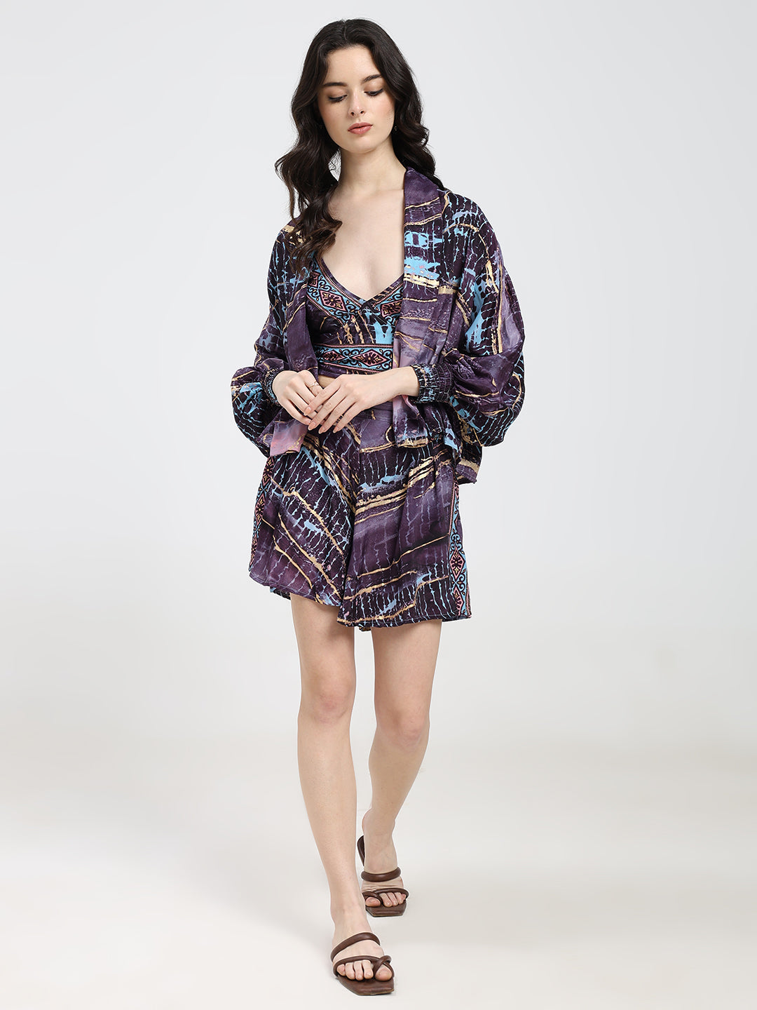 Puff Sleeves Kimono and Shorts Coordinate Set (3 Piece)- Twilight Totem