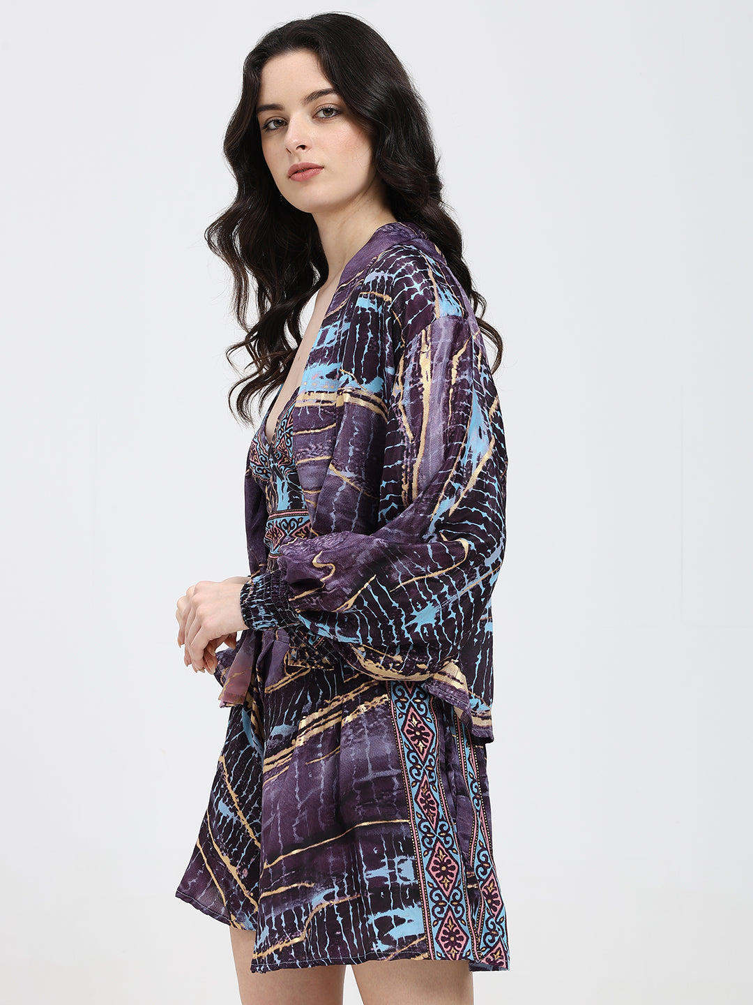 Puff Sleeves Kimono and Shorts Coordinate Set (3 Piece)- Twilight Totem