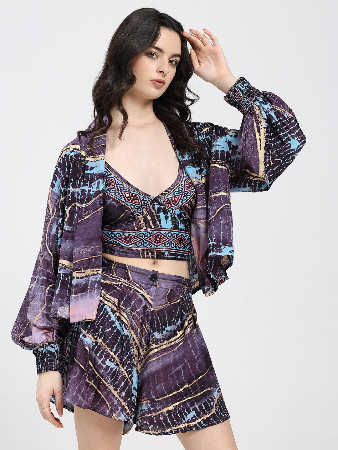 Puff Sleeves Kimono and Shorts Coordinate Set (3 Piece)- Twilight Totem