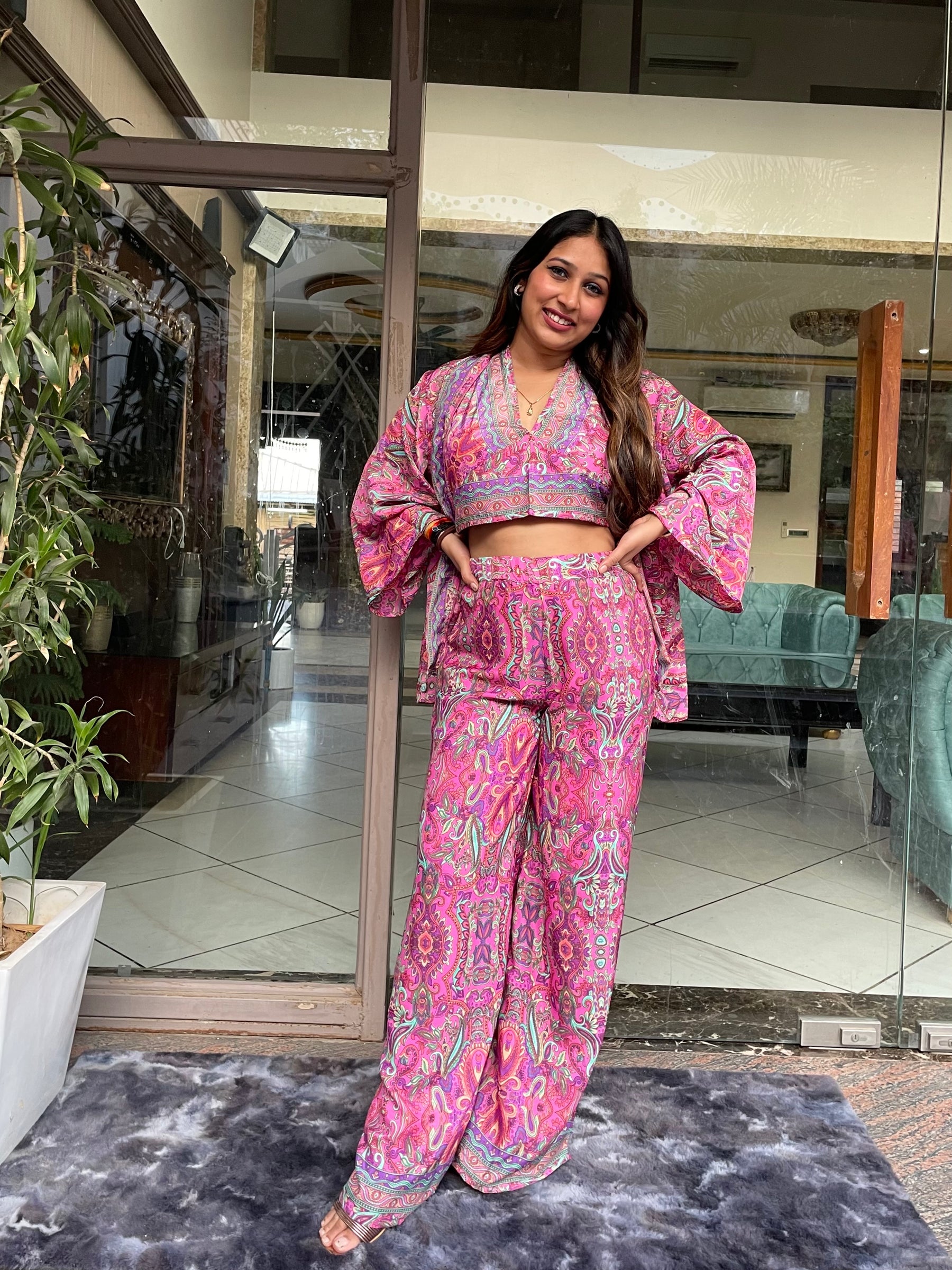 Boho Printed Bell Sleeves Kimono Coordinate Set - Rosy Blush