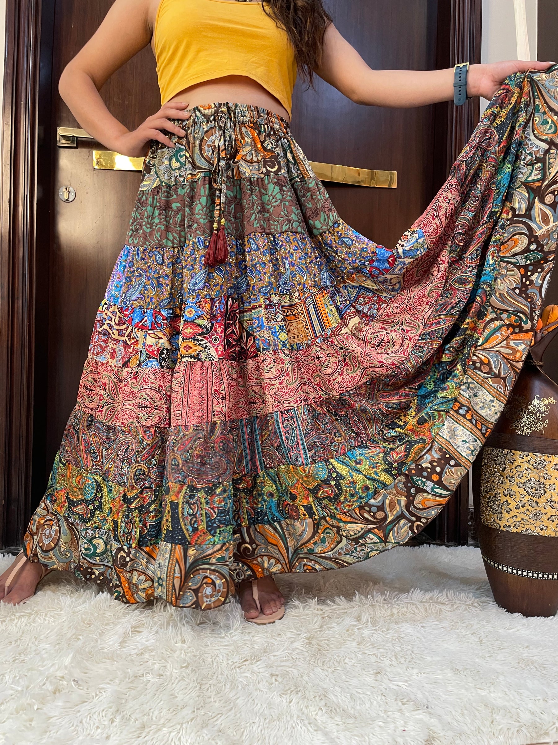 Multi Panel Boho Printed Long Skirt - Chromatic Nightfall