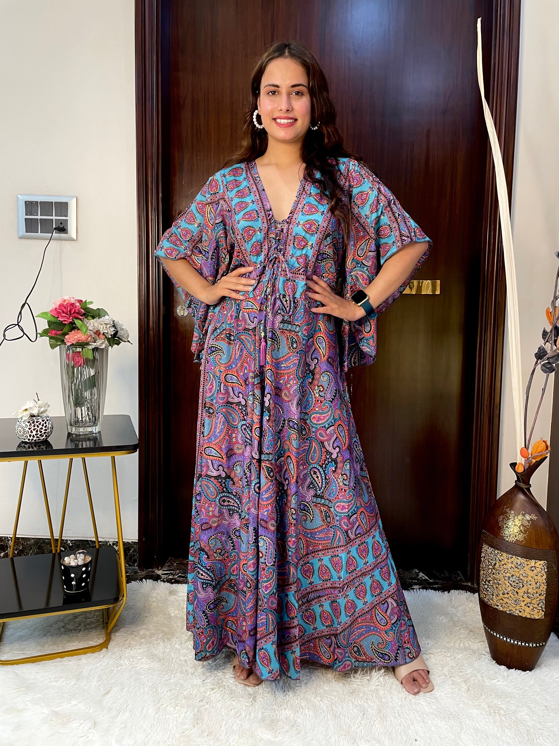 Bell Sleeves Criss Cross Front Boho Printed Maxi Dress -Violet Twilight Whimsy