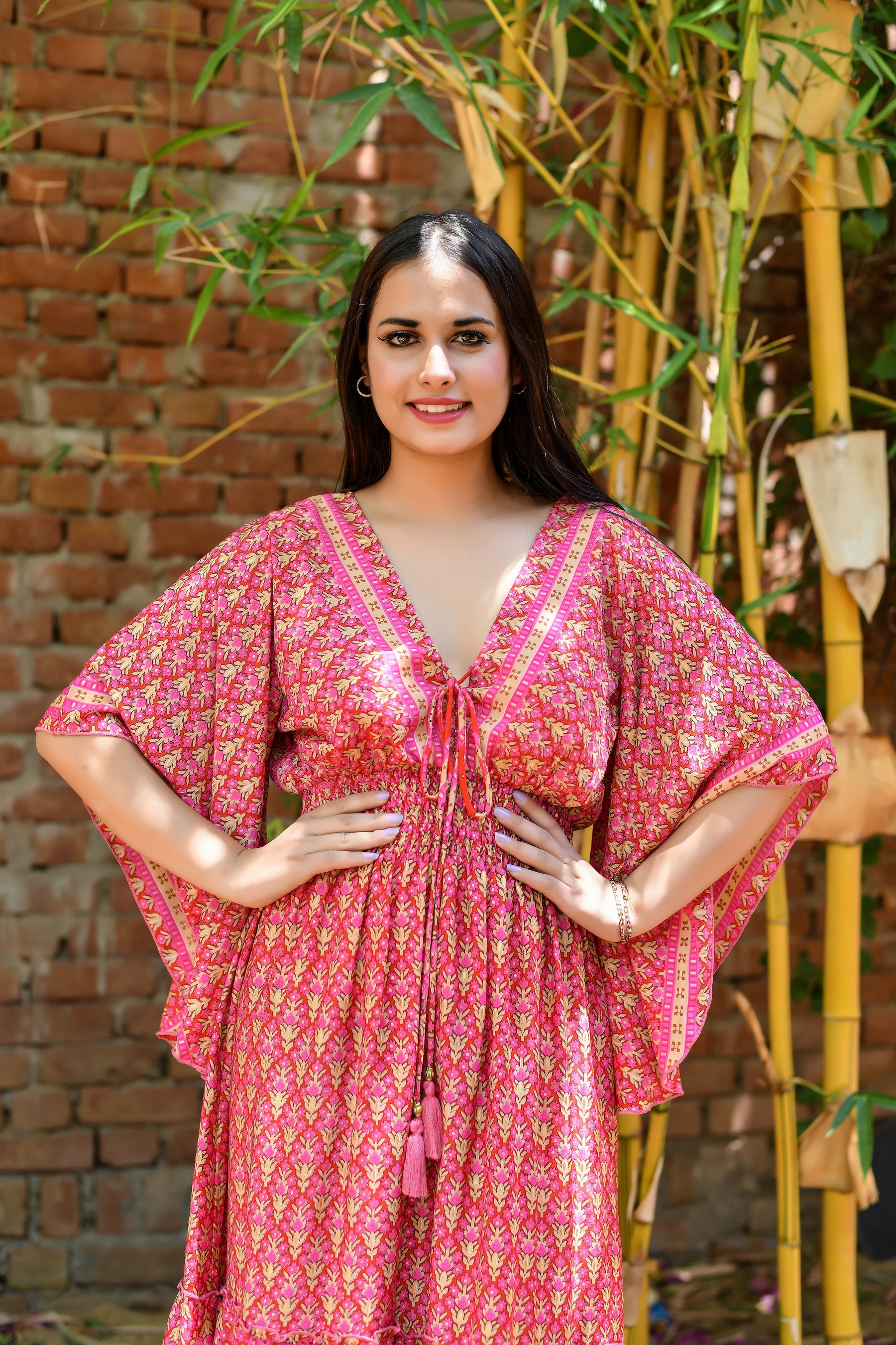 Bell Sleeves Boho Maxi Dress in Pink