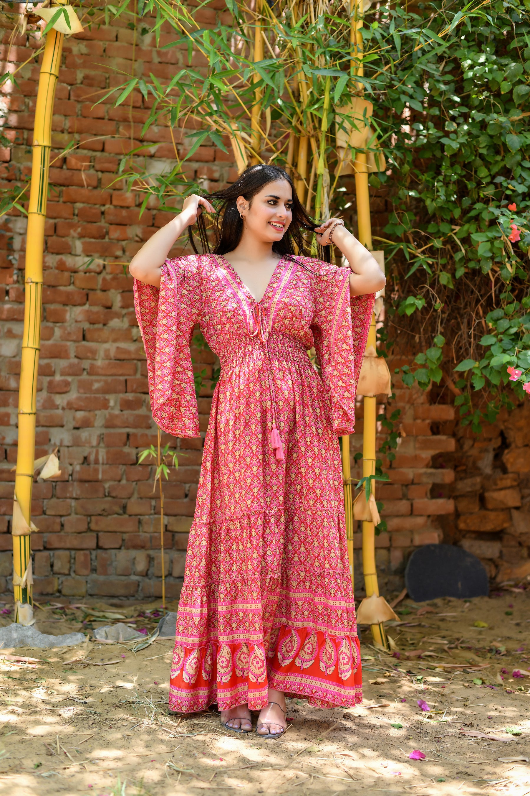 Bell Sleeves Boho Maxi Dress in Pink