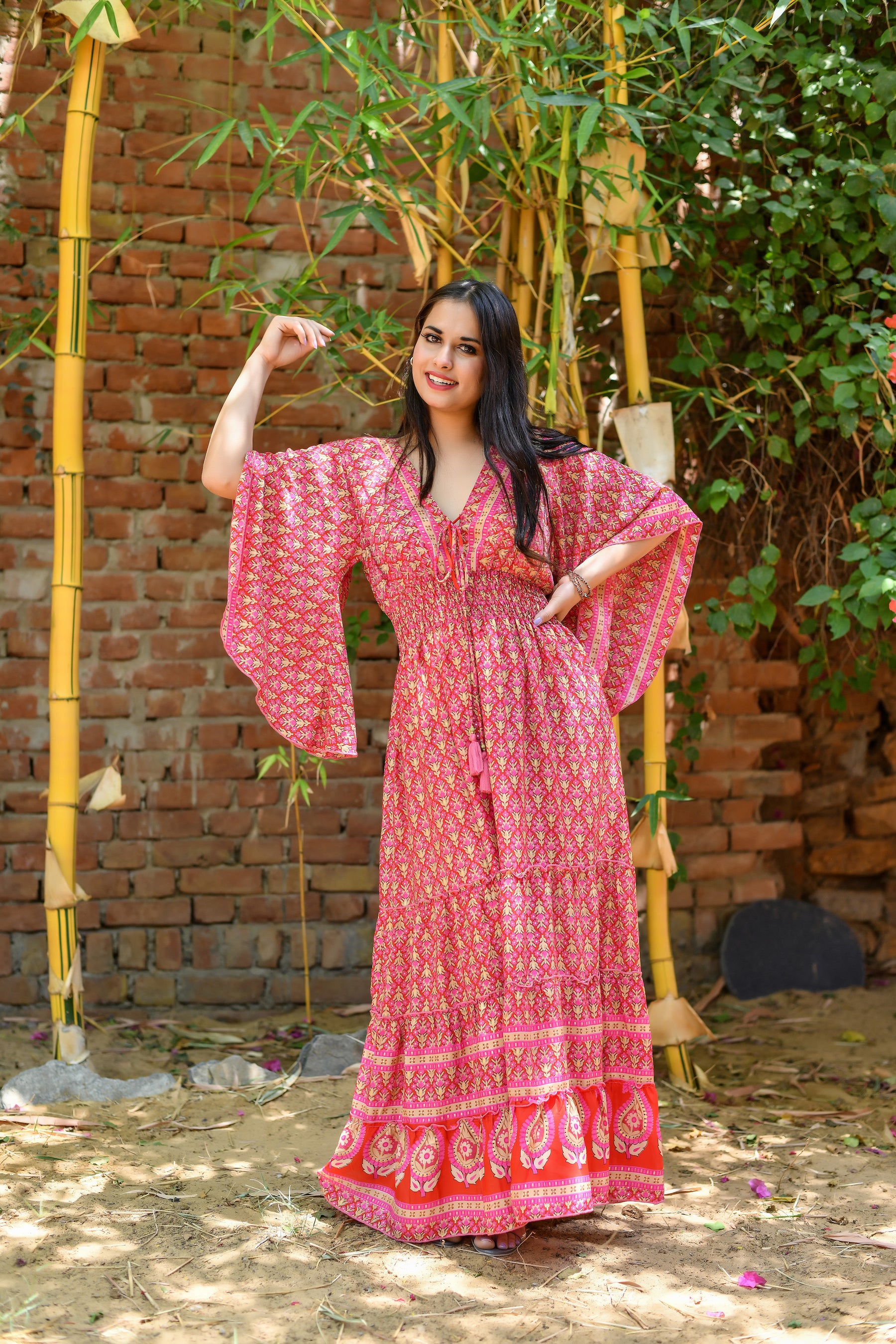 Bell Sleeves Boho Maxi Dress in Pink