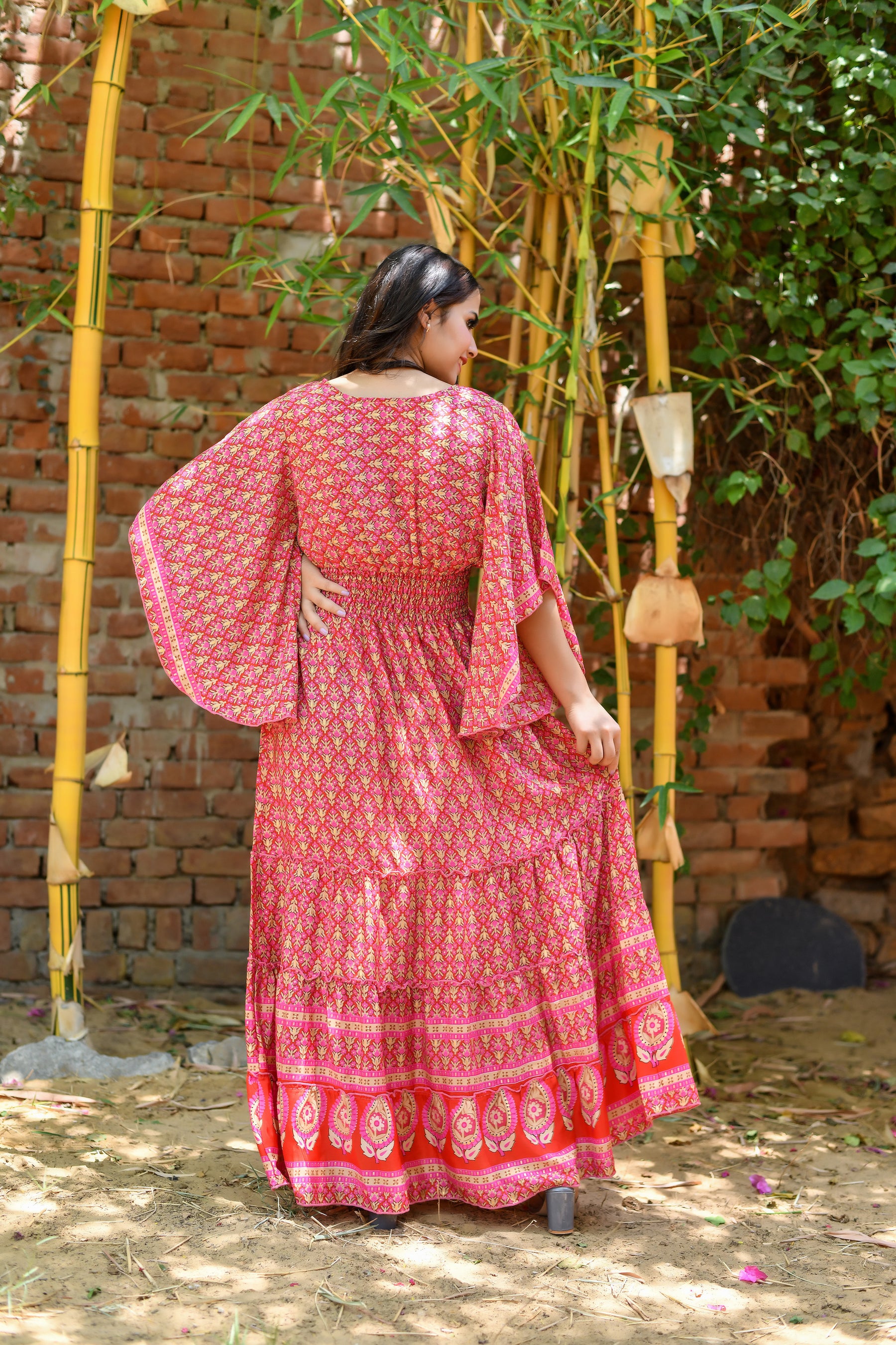 Bell Sleeves Boho Maxi Dress in Pink
