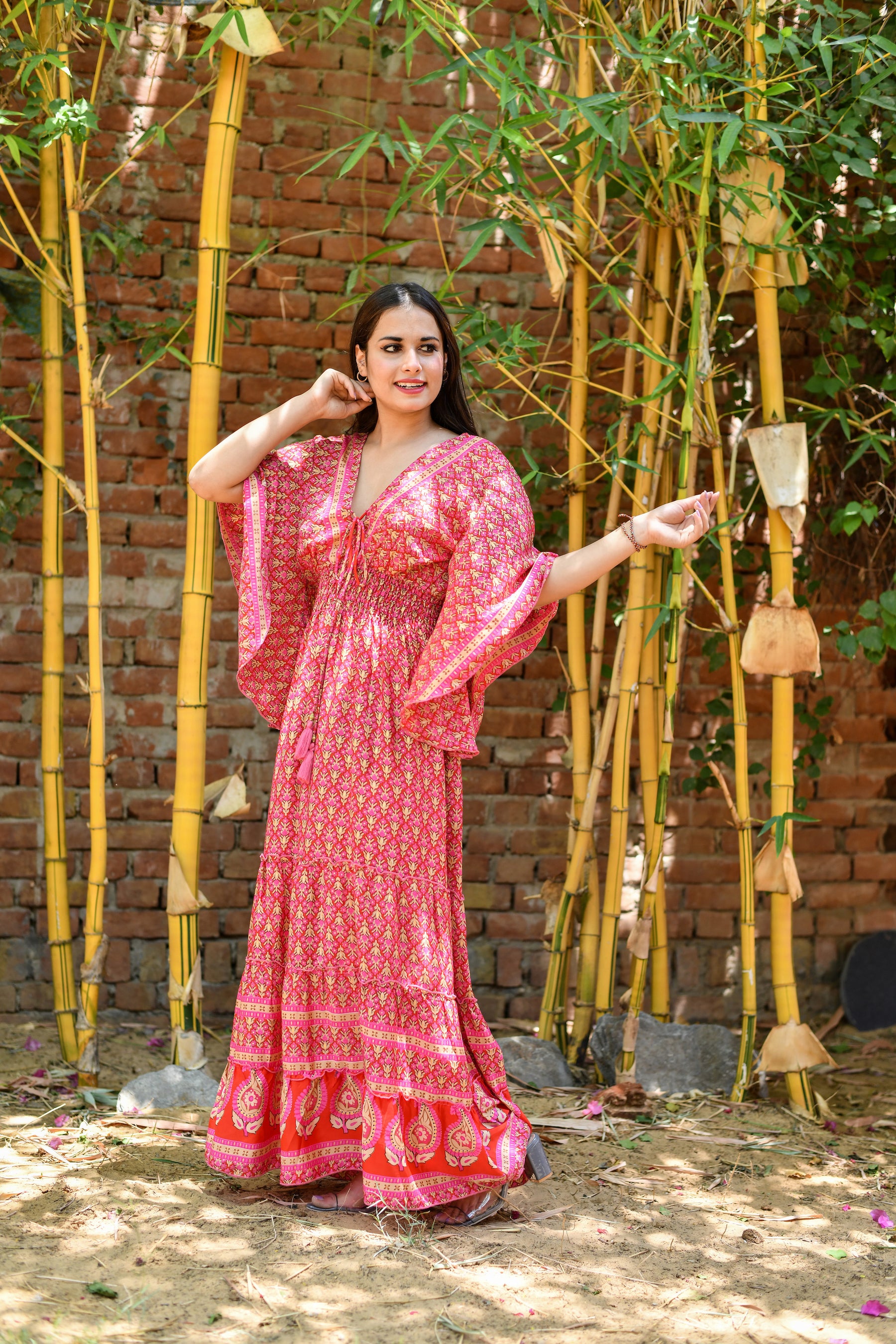 Bell Sleeves Boho Maxi Dress in Pink