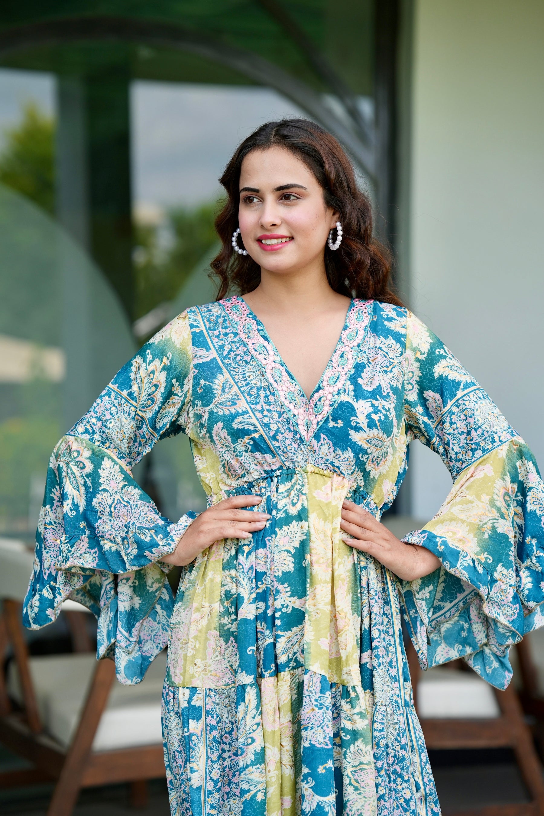 Ruffle Sleeves Boho Maxi Dress- Aqua Meadow SmisingBee