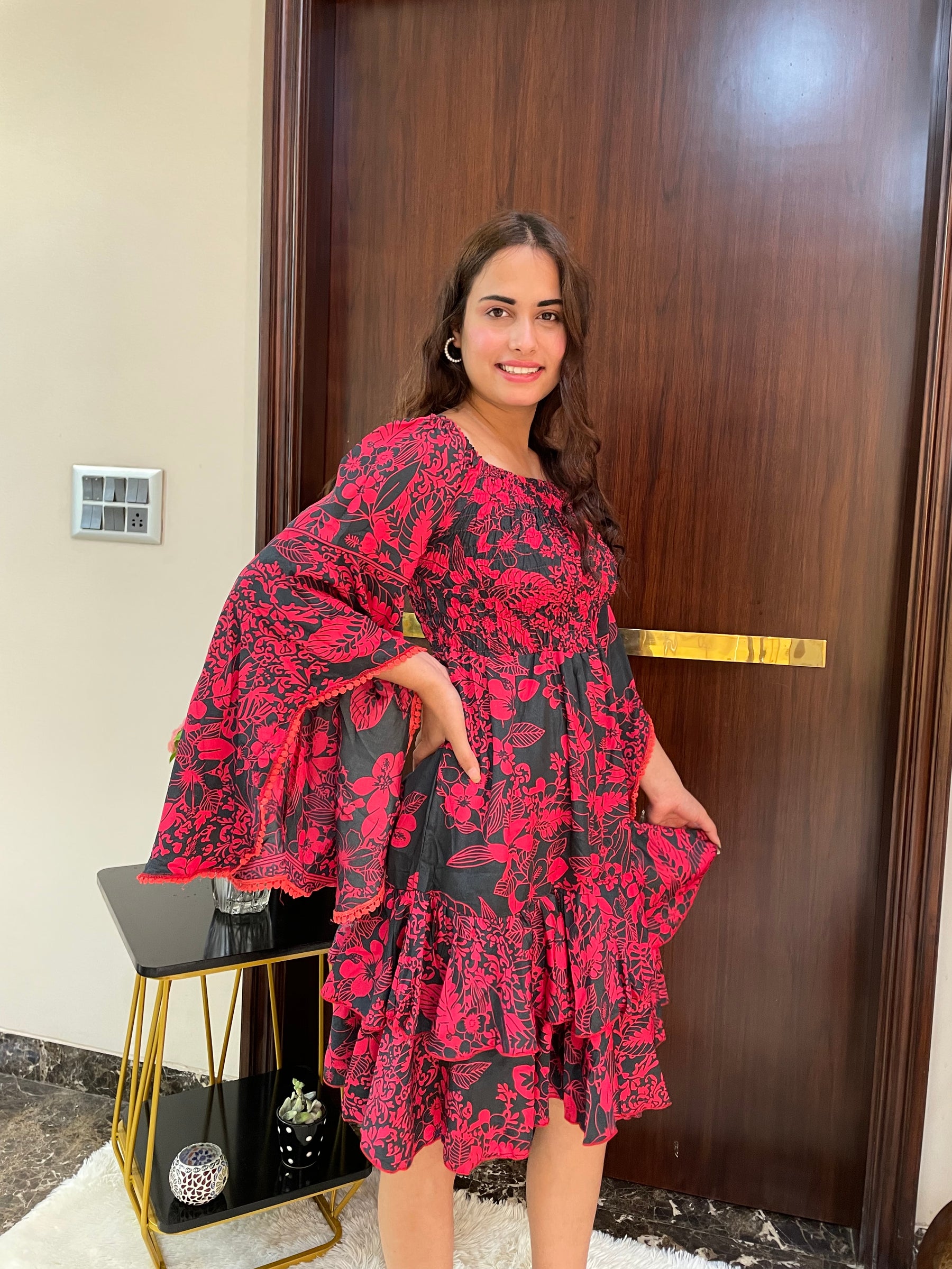 Elasticated Bust Bell Sleeves Boho Printed Short Dress - Red
