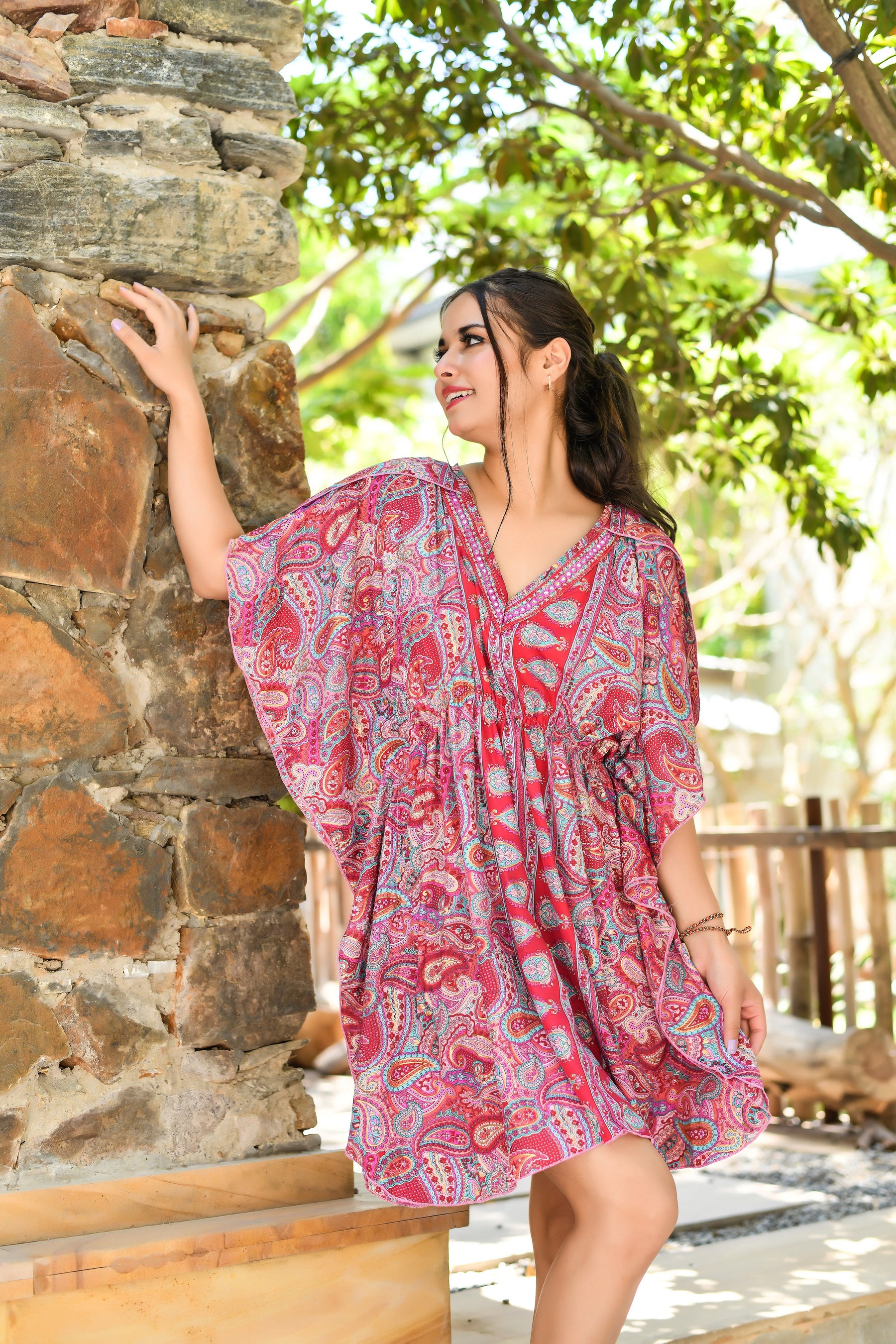 Kaftan Pattern Embroidered Short Dress in Pink