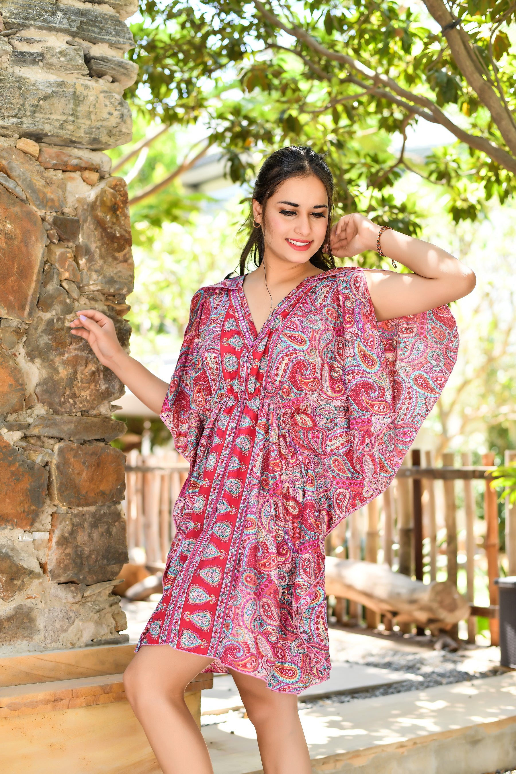 Kaftan Pattern Embroidered Short Dress in Pink