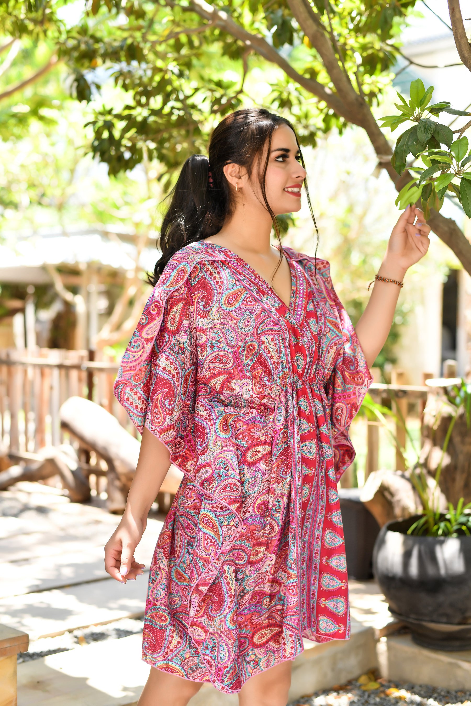 Kaftan Pattern Embroidered Short Dress in Pink