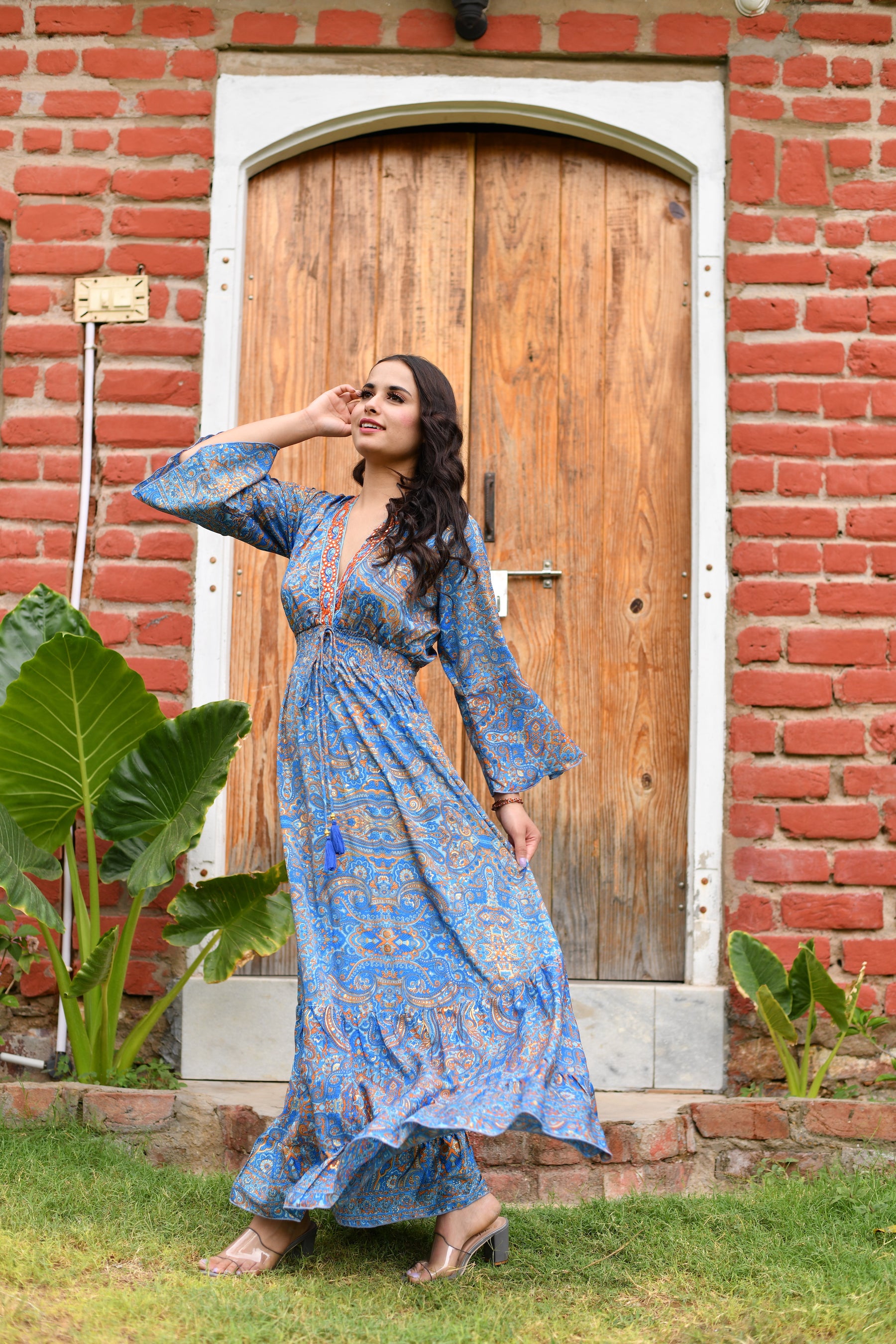 Long embroidery featured cross back boho maxi dress- Smisingbee