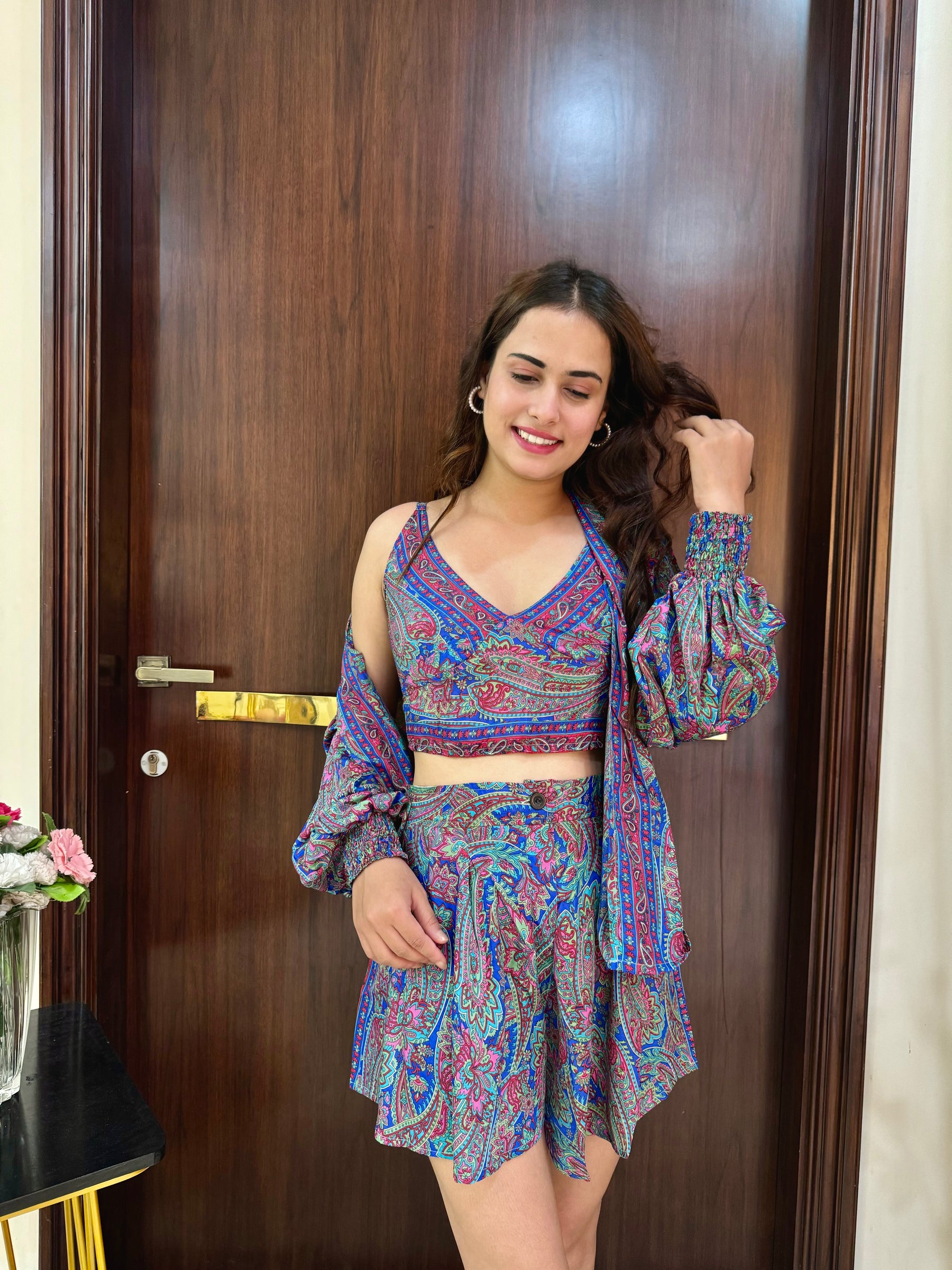 Puff Sleeves Kimono and Shorts Coordinate Set (3 Piece)- Deep Ocean SmisingbBee