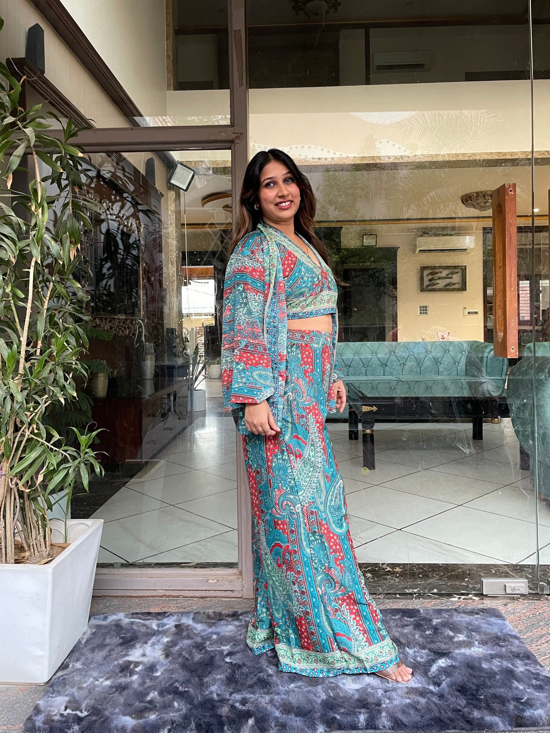 Boho Printed Bell Sleeves Kimono Coordinate Set - Deep Seaglass