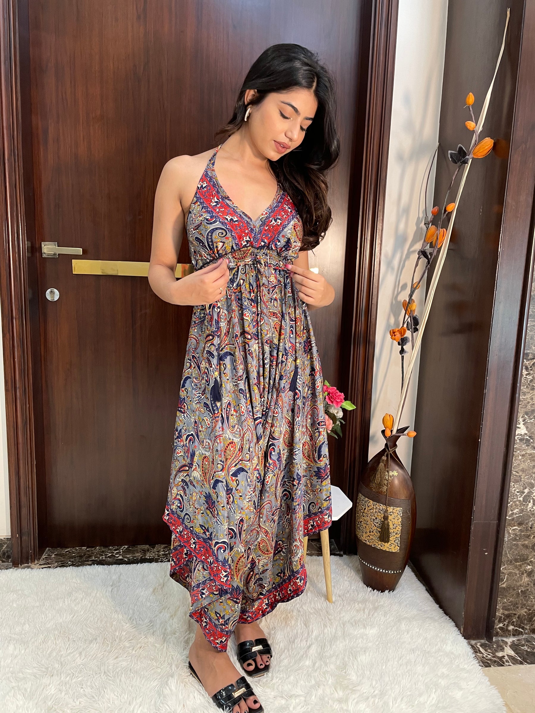 Backless Boho Printed Jumpsuit- Grey