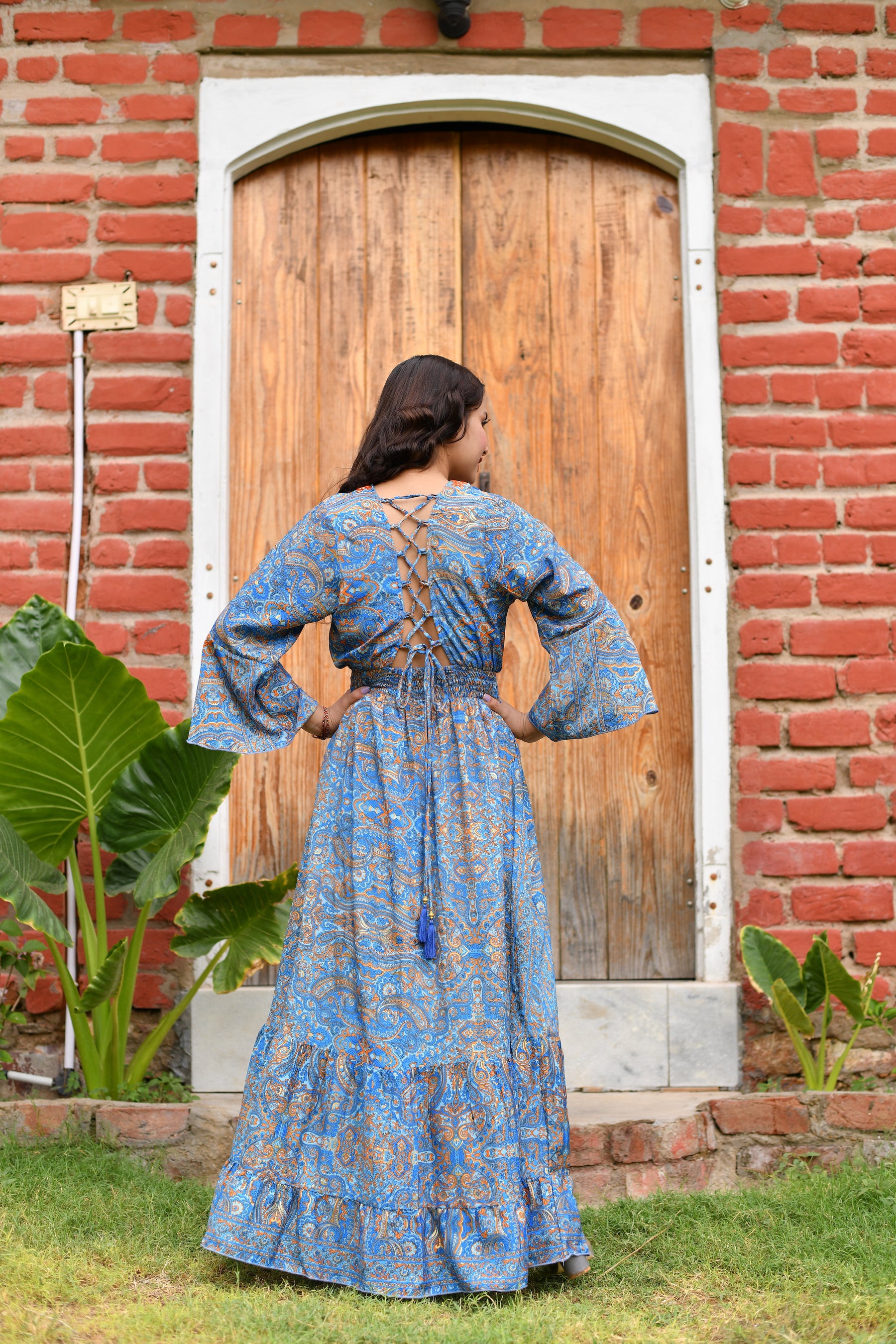 Long embroidery featured cross back boho maxi dress- Smisingbee