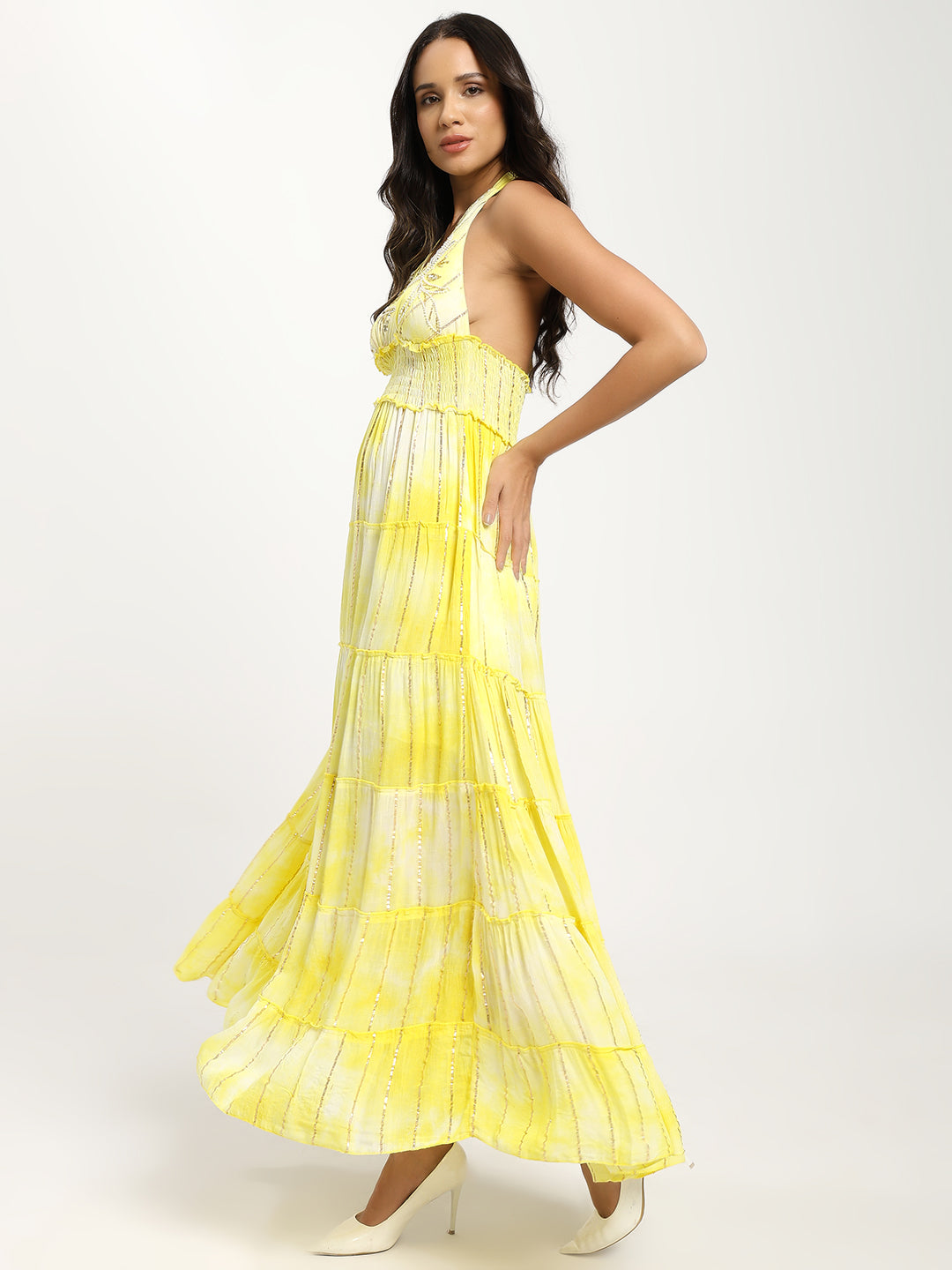 Halter Neck Multi Panel Embroidery Hand Work Boho printed Maxi Dress in Lemon Glow
