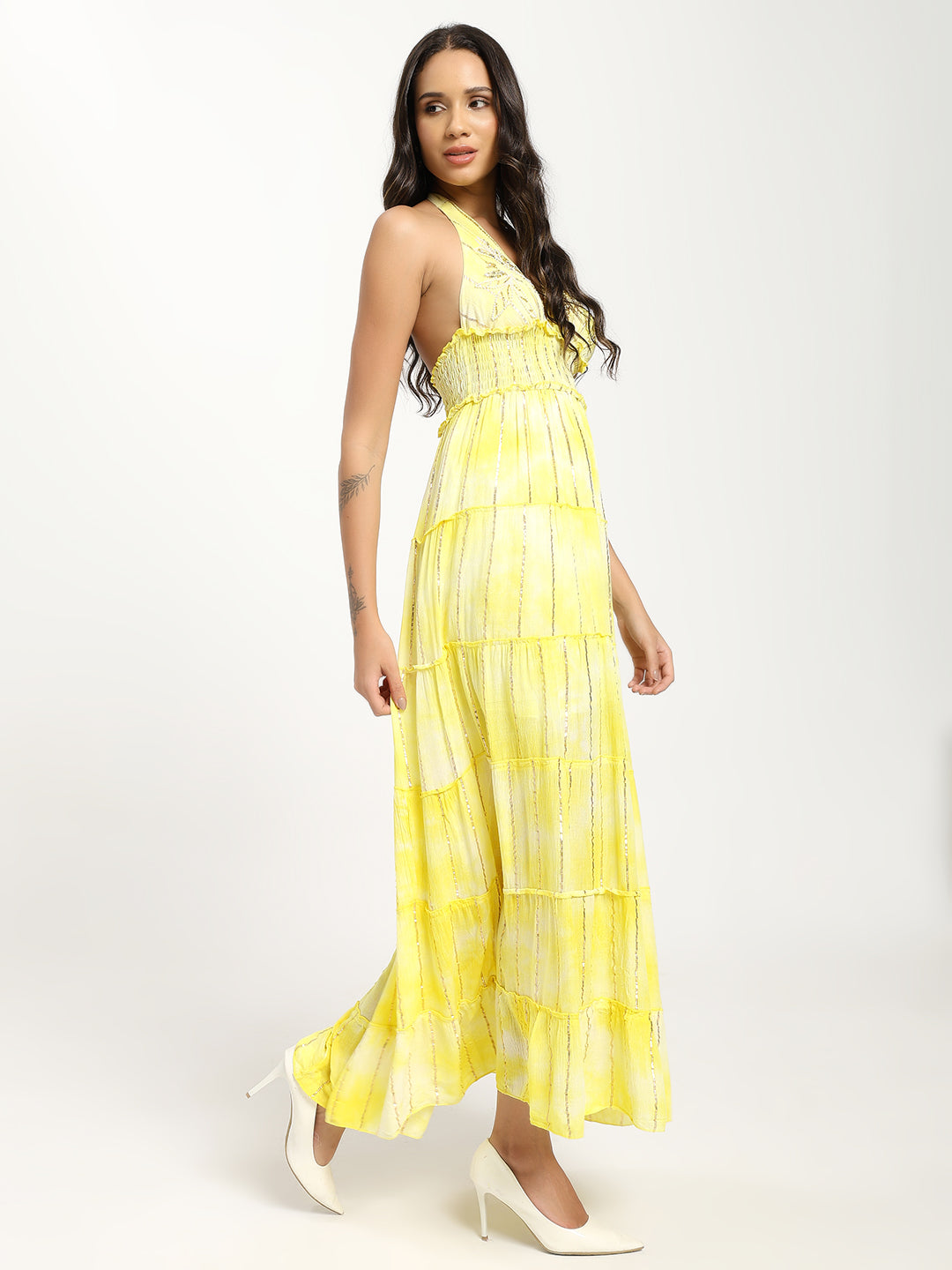 Halter Neck Multi Panel Embroidery Hand Work Boho printed Maxi Dress in Lemon Glow