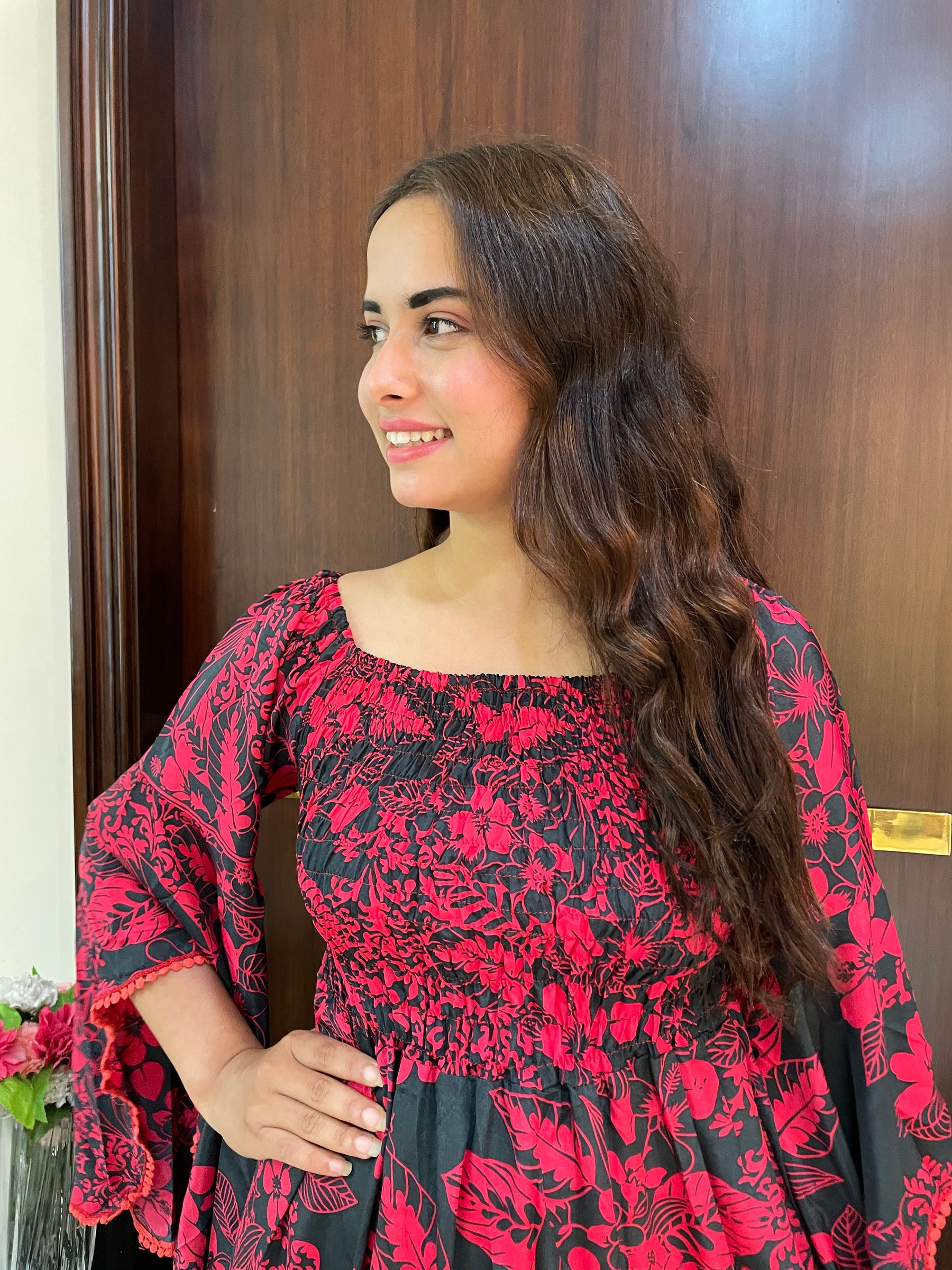 Elasticated Bust Bell Sleeves Boho Printed Short Dress - Red