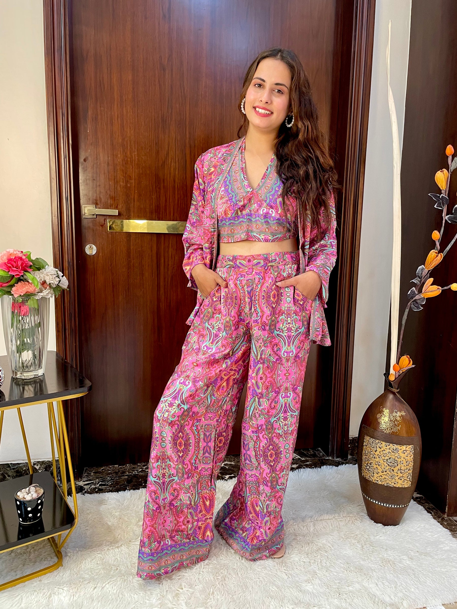 Boho Printed Bell Sleeves Kimono Coordinate Set - Rosy Blush