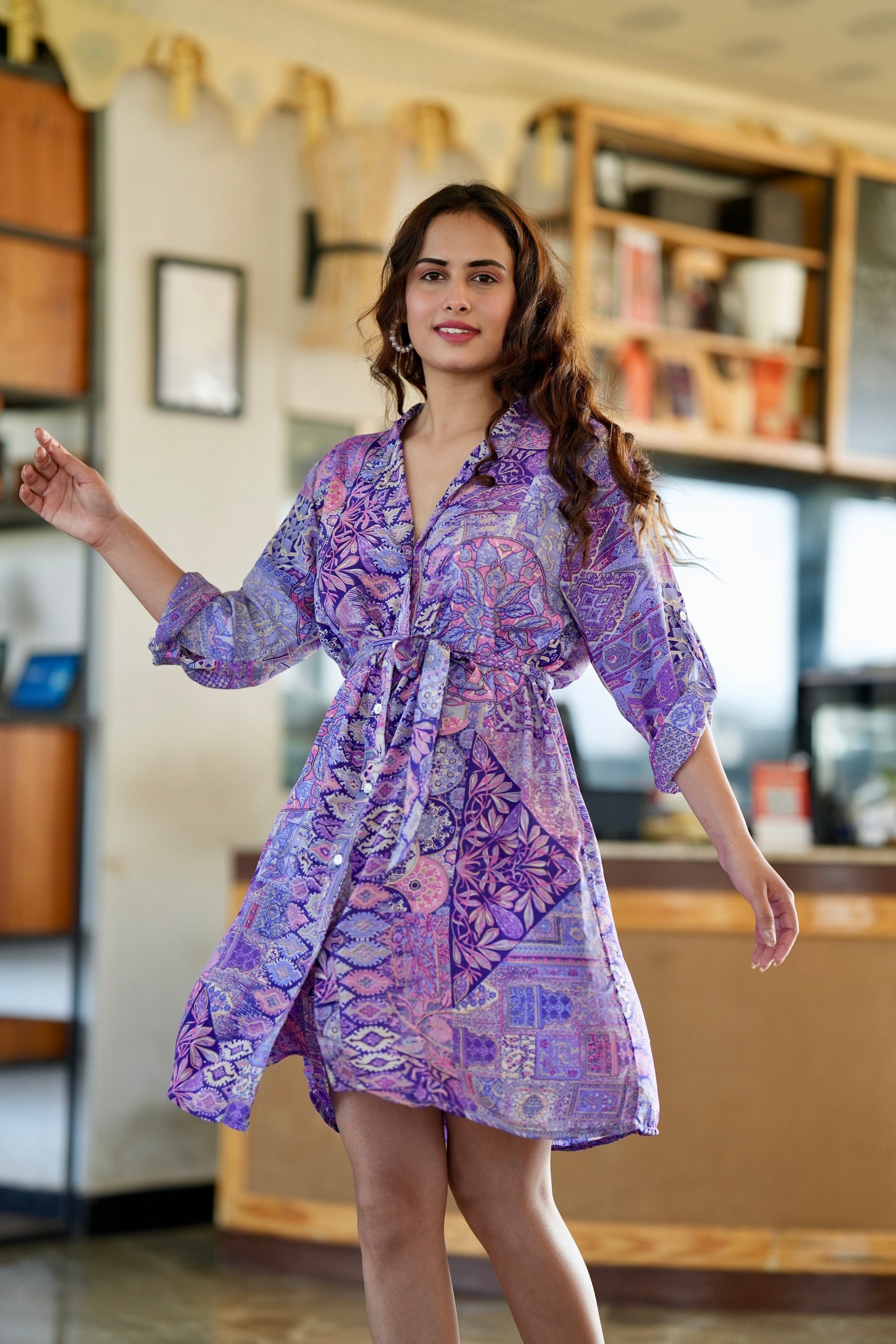 Boho Printed Shirt Dress - Mauve Mist