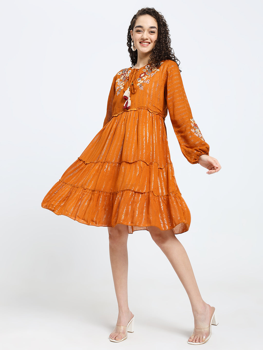 Lurex Embroidered Skater Short Dress in Orange