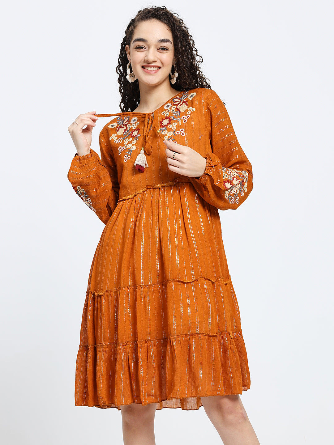 Lurex Embroidered Skater Short Dress in Orange