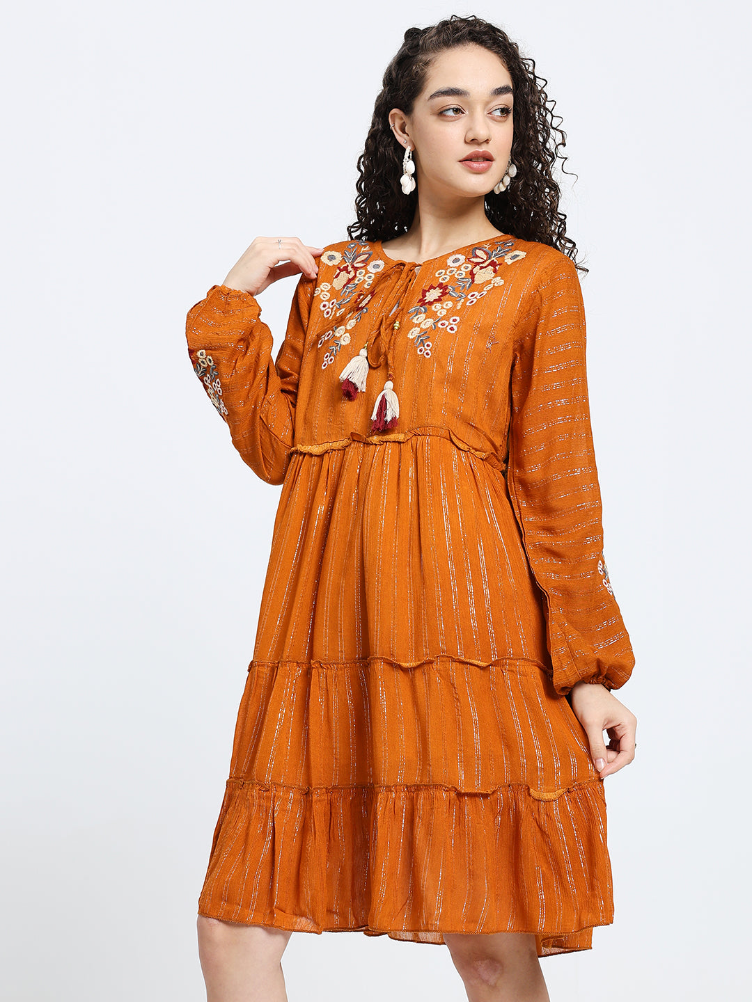 Lurex Embroidered Skater Short Dress in Orange
