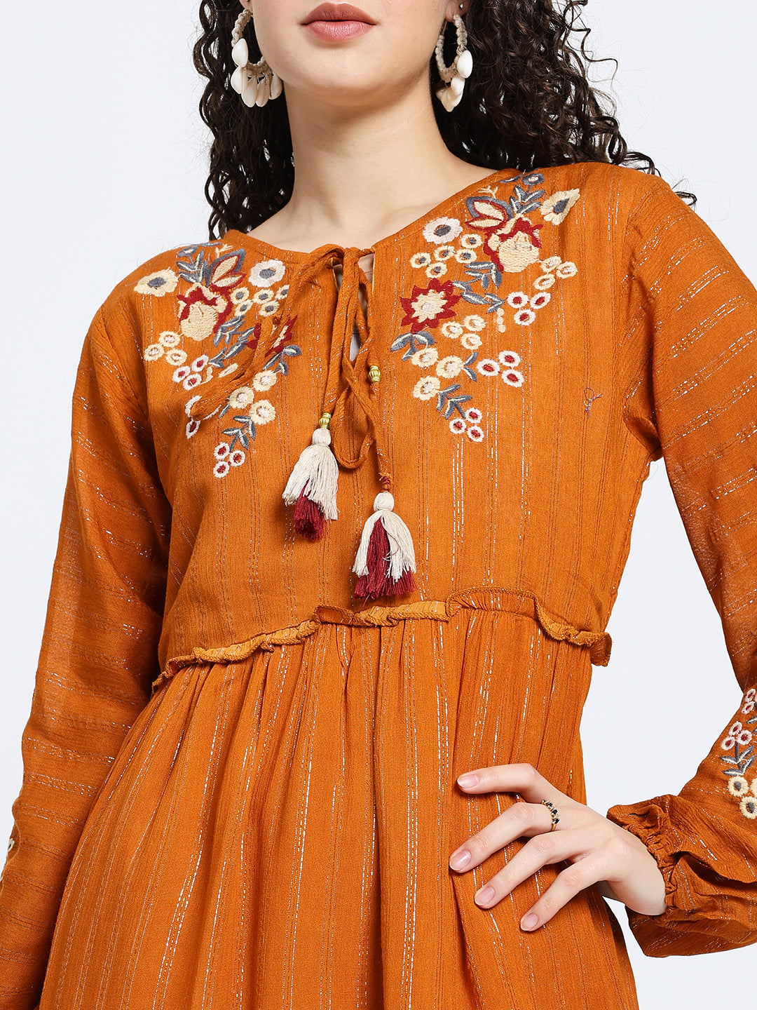 Lurex Embroidered Skater Short Dress in Orange