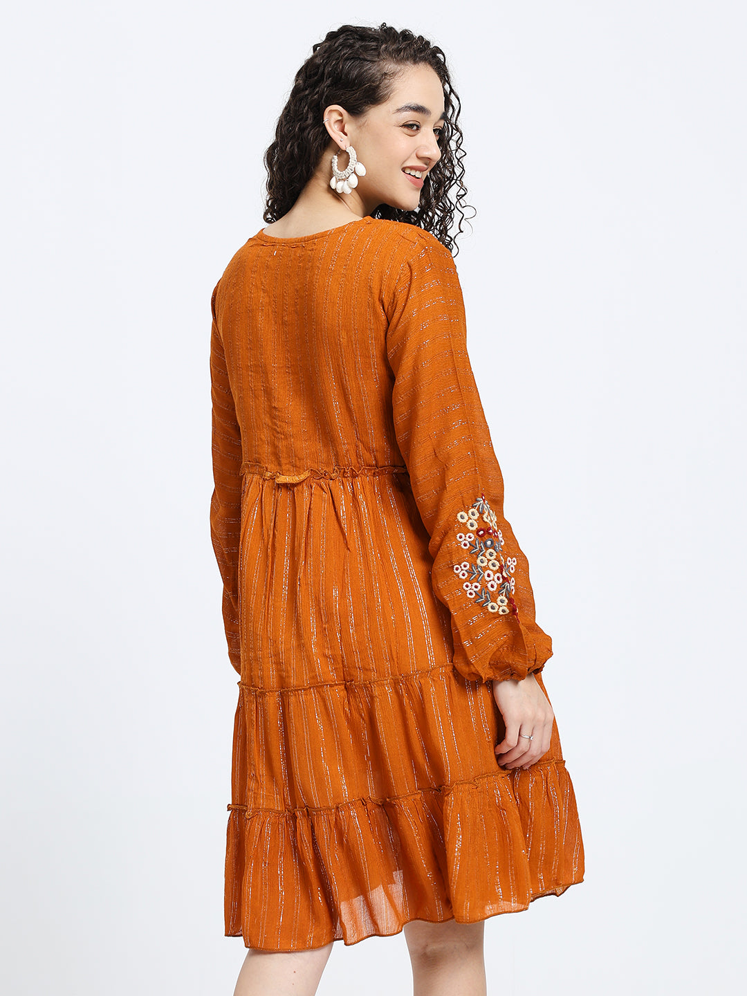 Lurex Embroidered Skater Short Dress in Orange