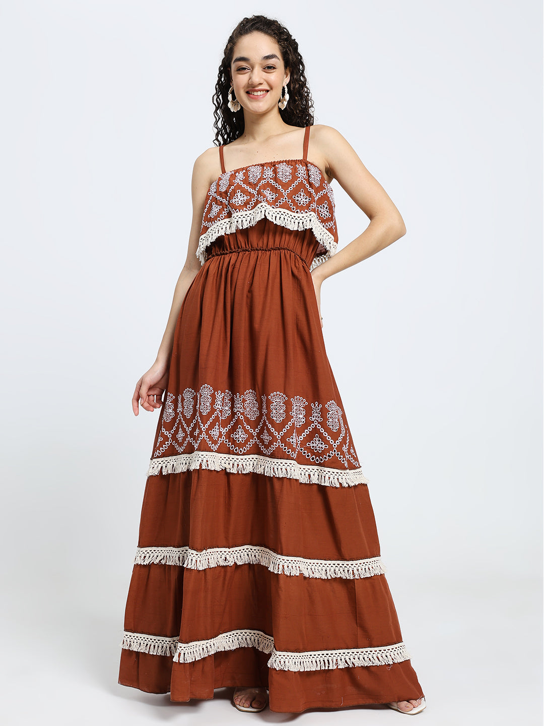 Schiffli Work sleeveless maxi dress- Rustic Elegance